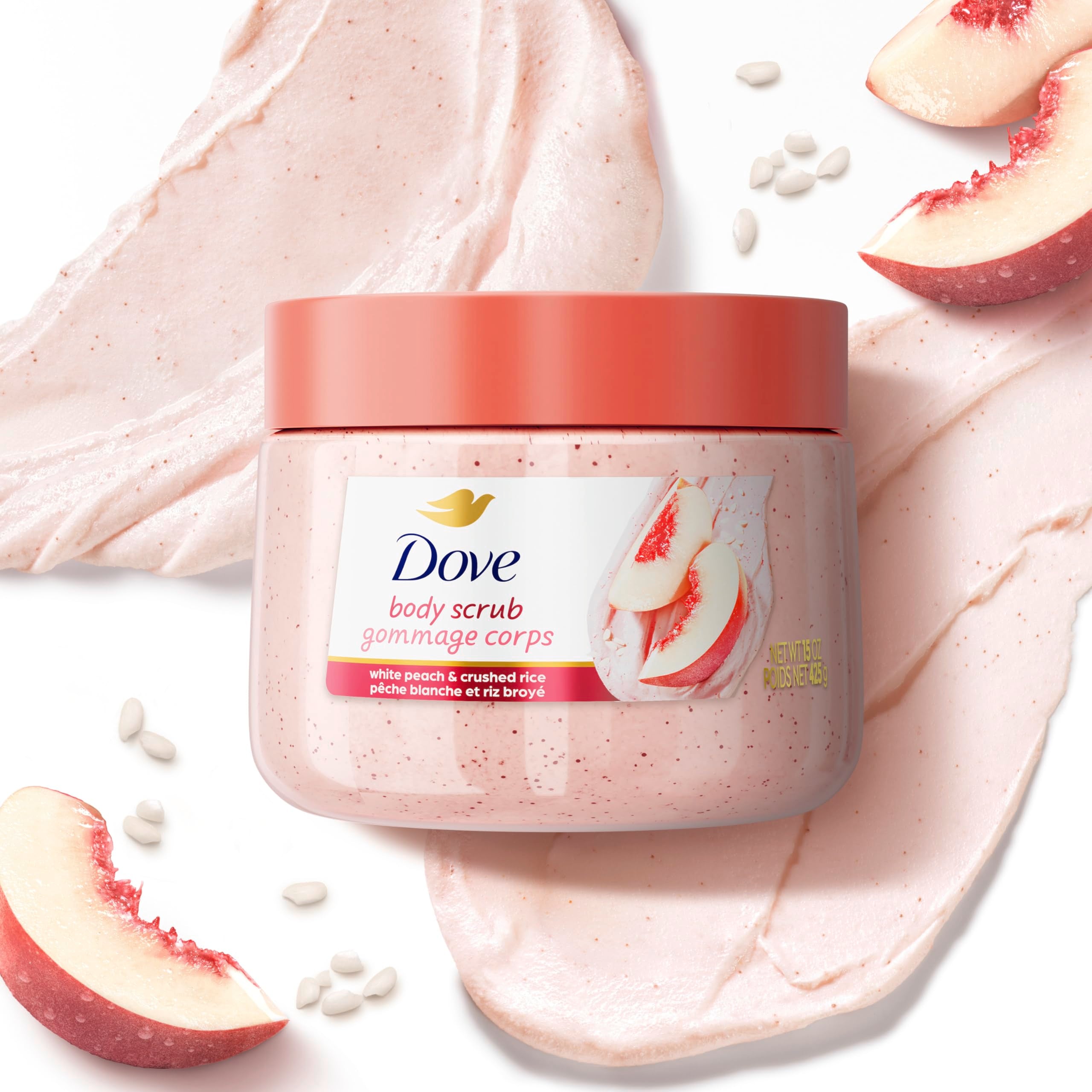 Dove White Peaches & Crushed Rice Body Scrub Exfoliates and Deeply Nourishes for Smooth, Radiant Skin 15oz