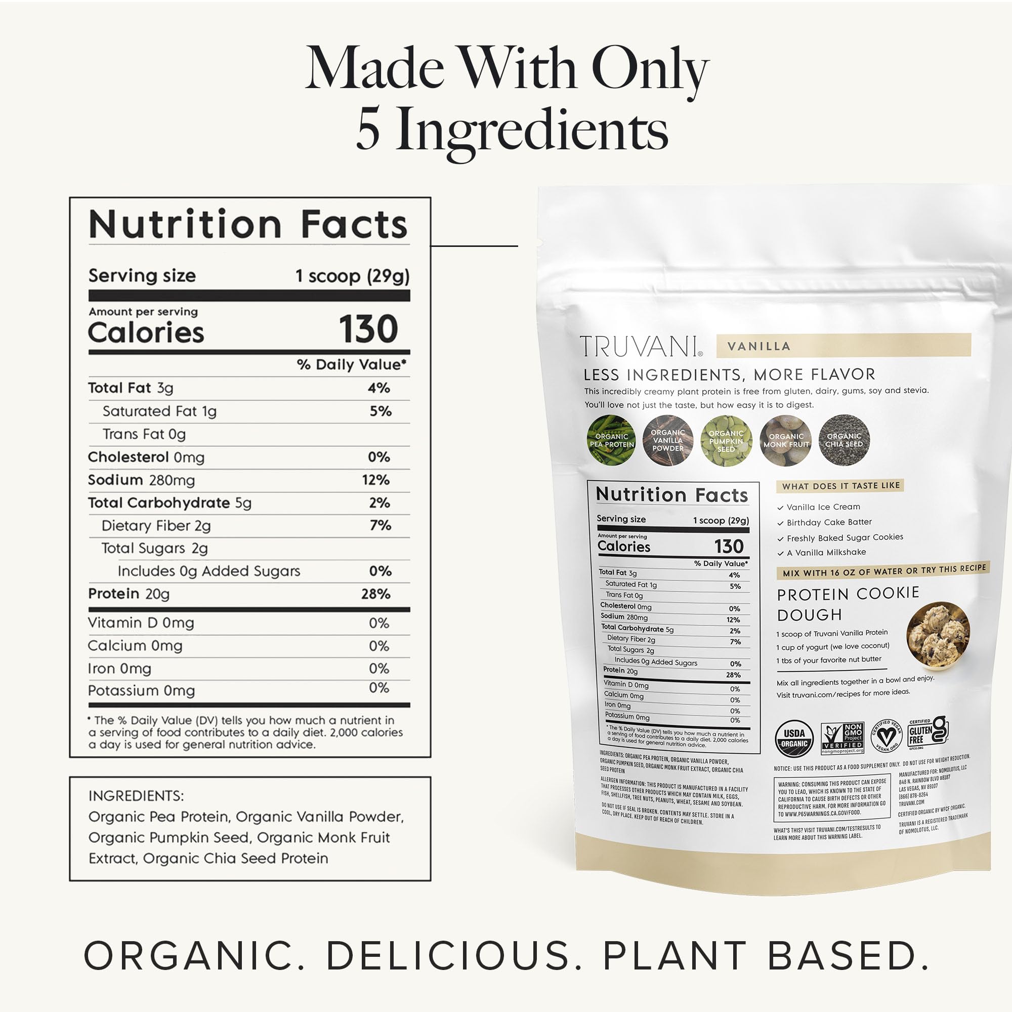 Truvani Vegan Pea Protein Powder | Vanilla | 20g Organic Plant Based Protein Per Serving | 20 Servings | Keto | Gluten & Dairy Free | Low Carb | No Added Sugar