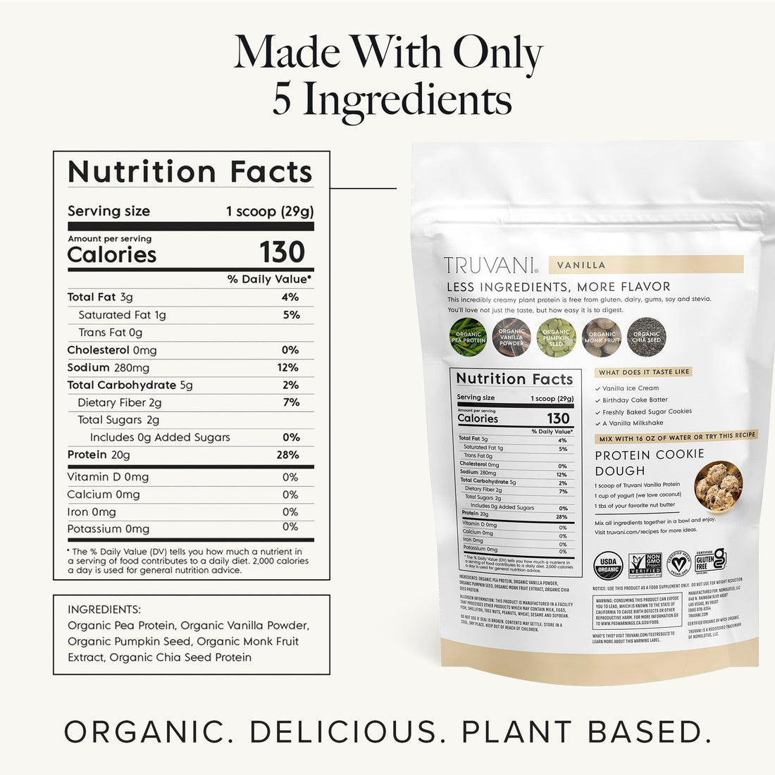 Truvani Vegan Pea Protein Powder | Vanilla | 20g Organic Plant Based Protein Per Serving | 20 Servings | Keto | Gluten & Dairy Free | Low Carb | No Added Sugar