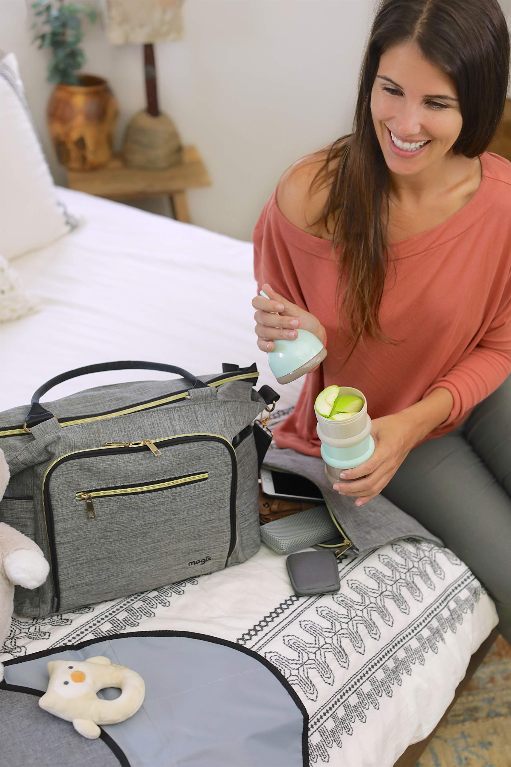 Mogix SMART Baby Diaper Bag with Portable Phone Charger, Changing Pad, Wet Dry Bag, Stackable Snack Container and Power Pack