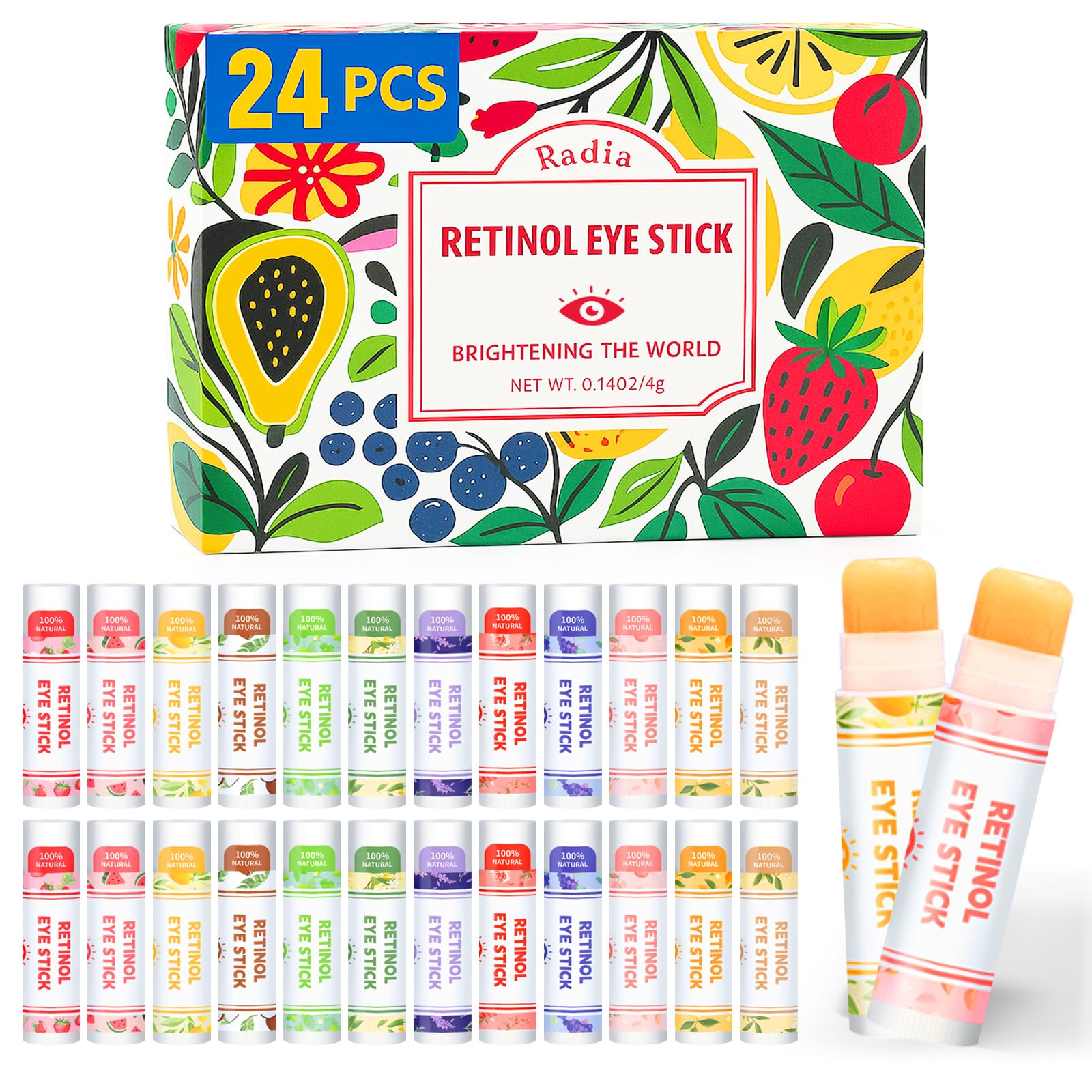 Radiia Retinol Eye Stick Balm for Dark Circles & Wrinkles: Hydrating Anti-Aging Treatment with Hyaluronic Acid, 12 Plant Scents, Visible Results in 4 Weeks, 24PCS Luxury Gift Set