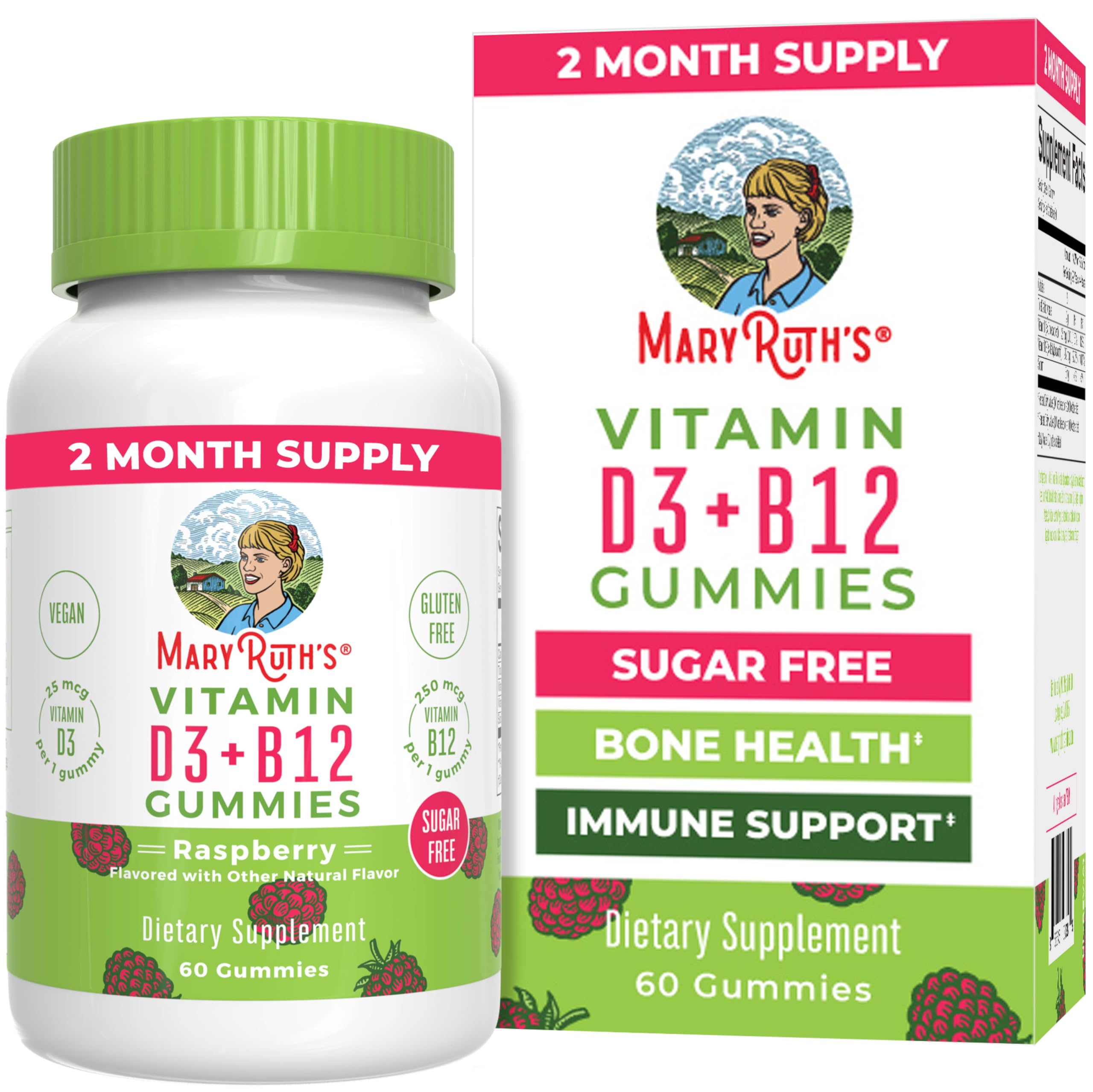 MaryRuth Organics | Vitamin D3 Vitamin B12 Gummy Supplements for Adults & Kids | Supports Bone Health | Energy Boost | Raspberry | Sugar Free | Vegan | Non-GMO | 2 Month Supply