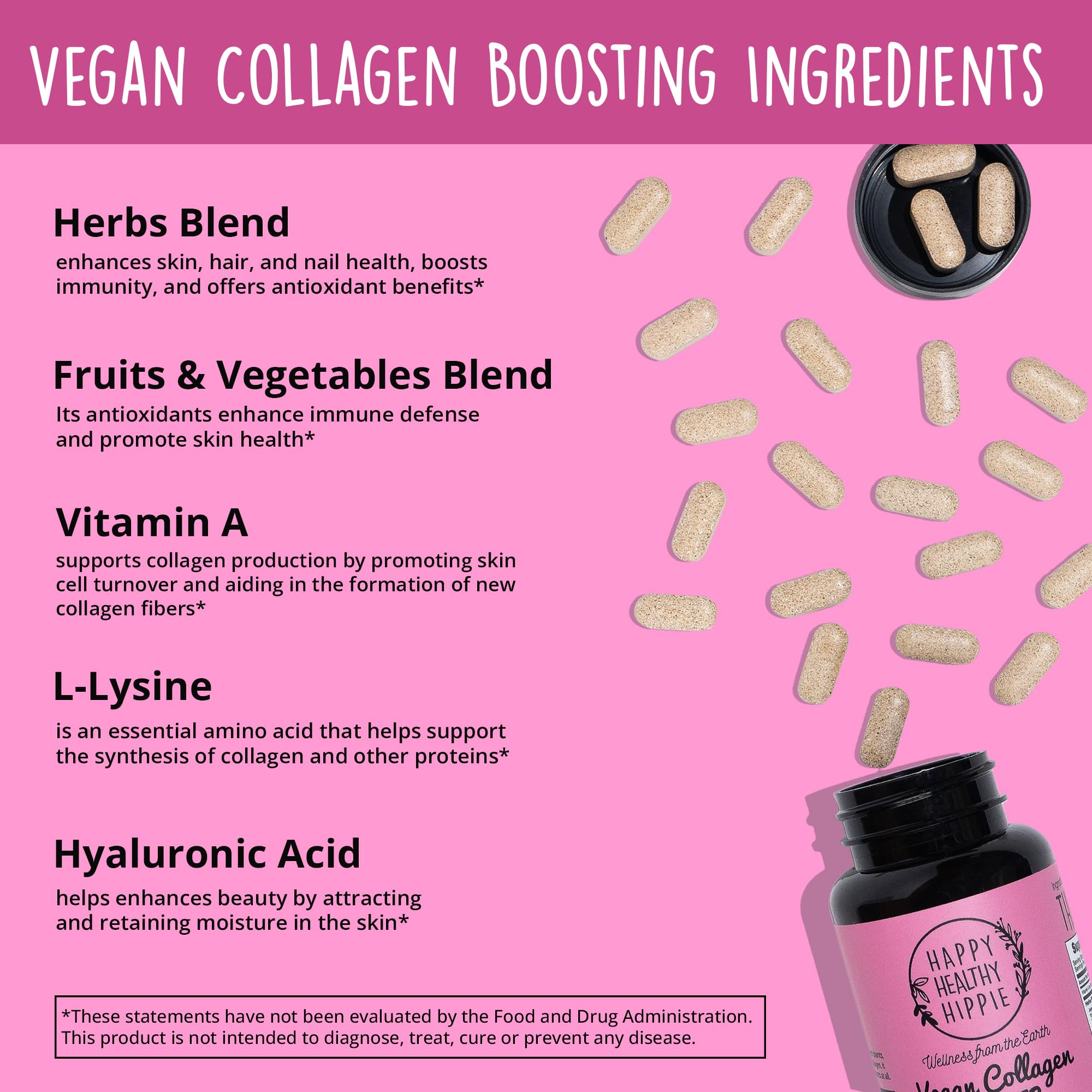 Vegan Collagen Builder w/ Hyaluronic Acid – Hair Skin and Nails Vitamins for Youthful Glow | Keratin & Elastin Booster | Bones, Cartilage, Tendons | Vitamin A, L-Lysine | Vegetarian | Non-GMO, 60 Ct