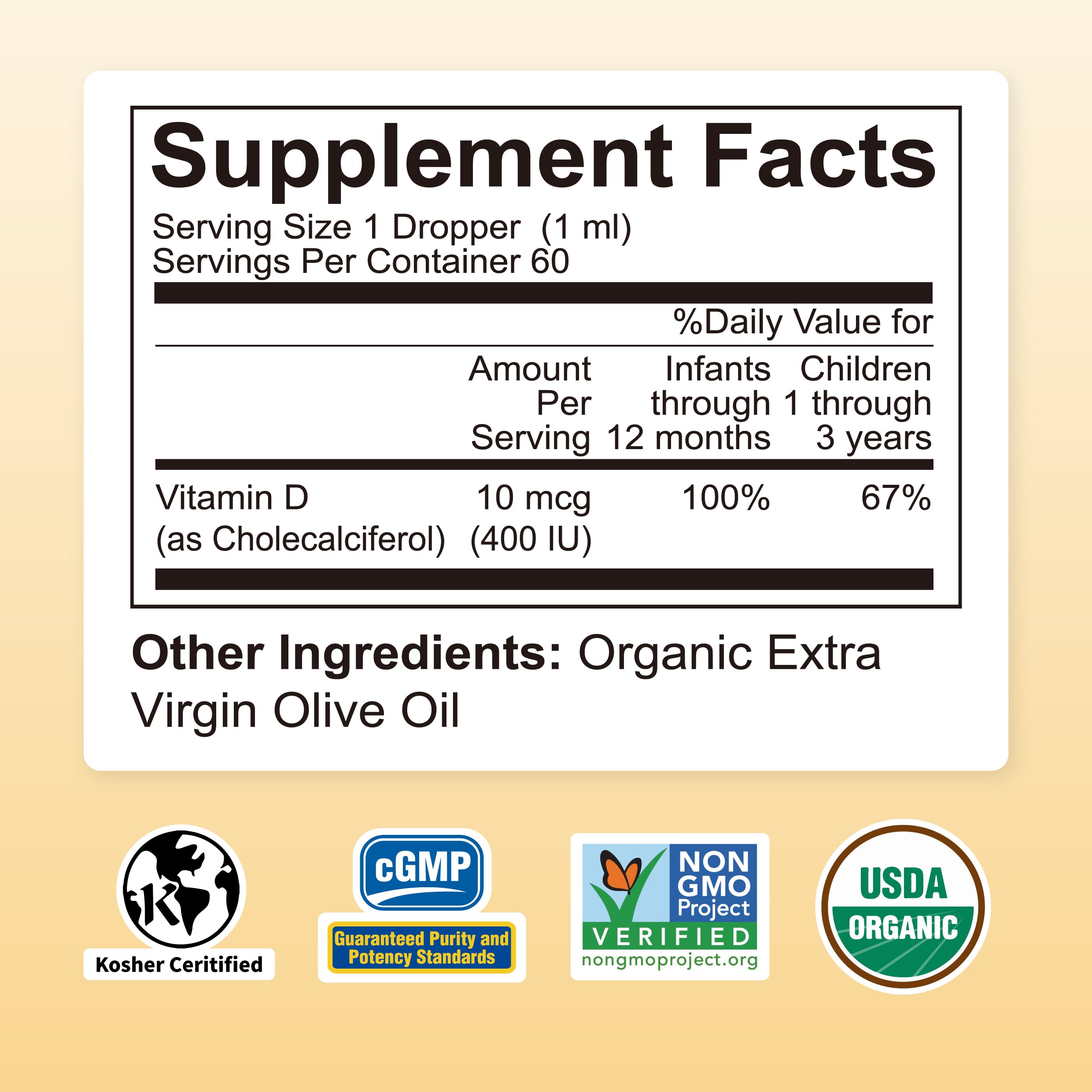 Nature's Nutra Sunshine Vitamin D3 400IU, 2 Fl. Oz (60ml), Premium Baby and Infant Liquid Drops, Toddlers Kids Children Multivitamin Supplement, Non-GMO, Plant Extract