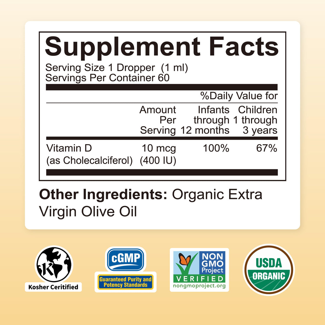 Nature's Nutra Sunshine Vitamin D3 400IU, 2 Fl. Oz (60ml), Premium Baby and Infant Liquid Drops, Toddlers Kids Children Multivitamin Supplement, Non-GMO, Plant Extract