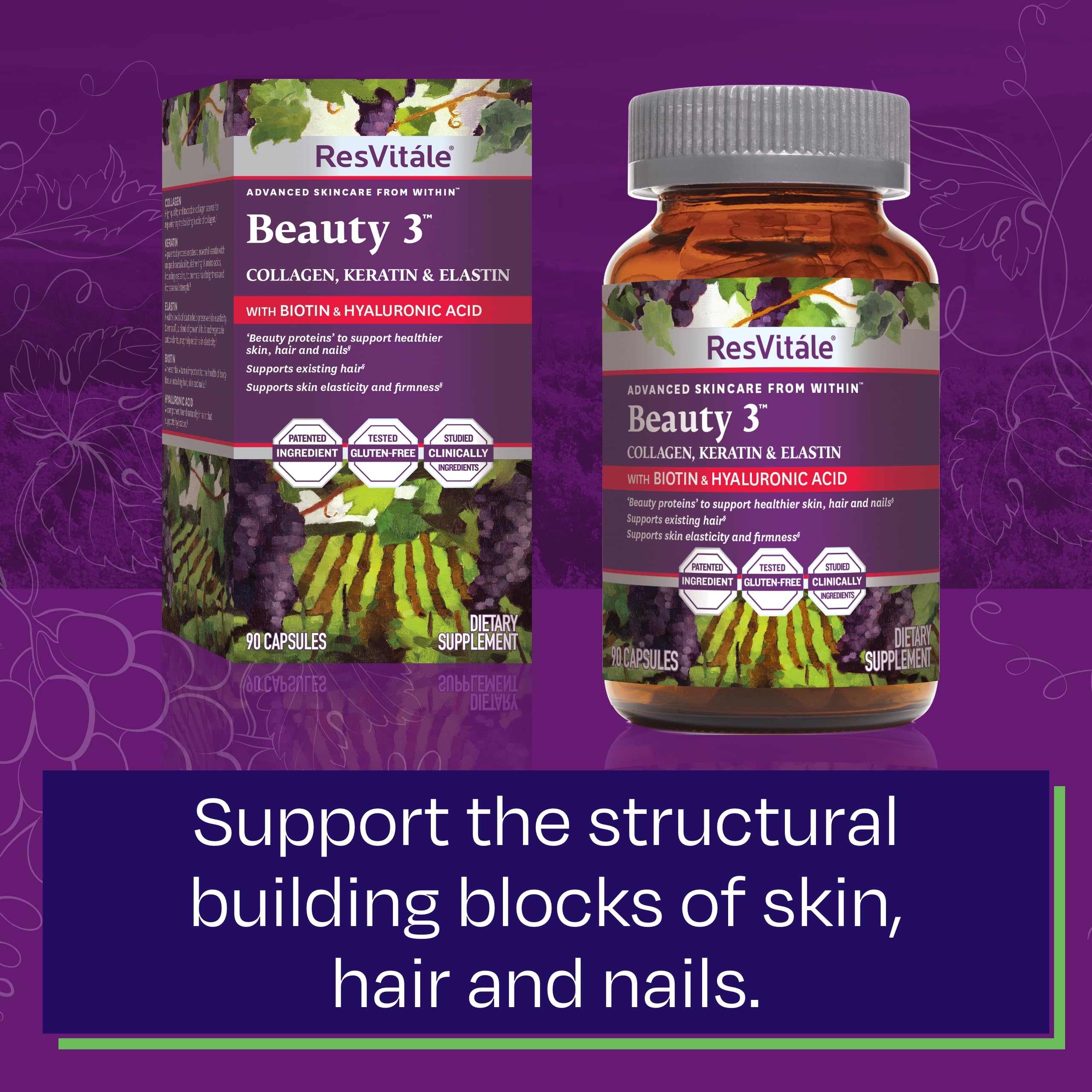 ResVitále Beauty 3 - Skin Care Supplement with Collagen, Keratin & Elastin - 90 Capsules