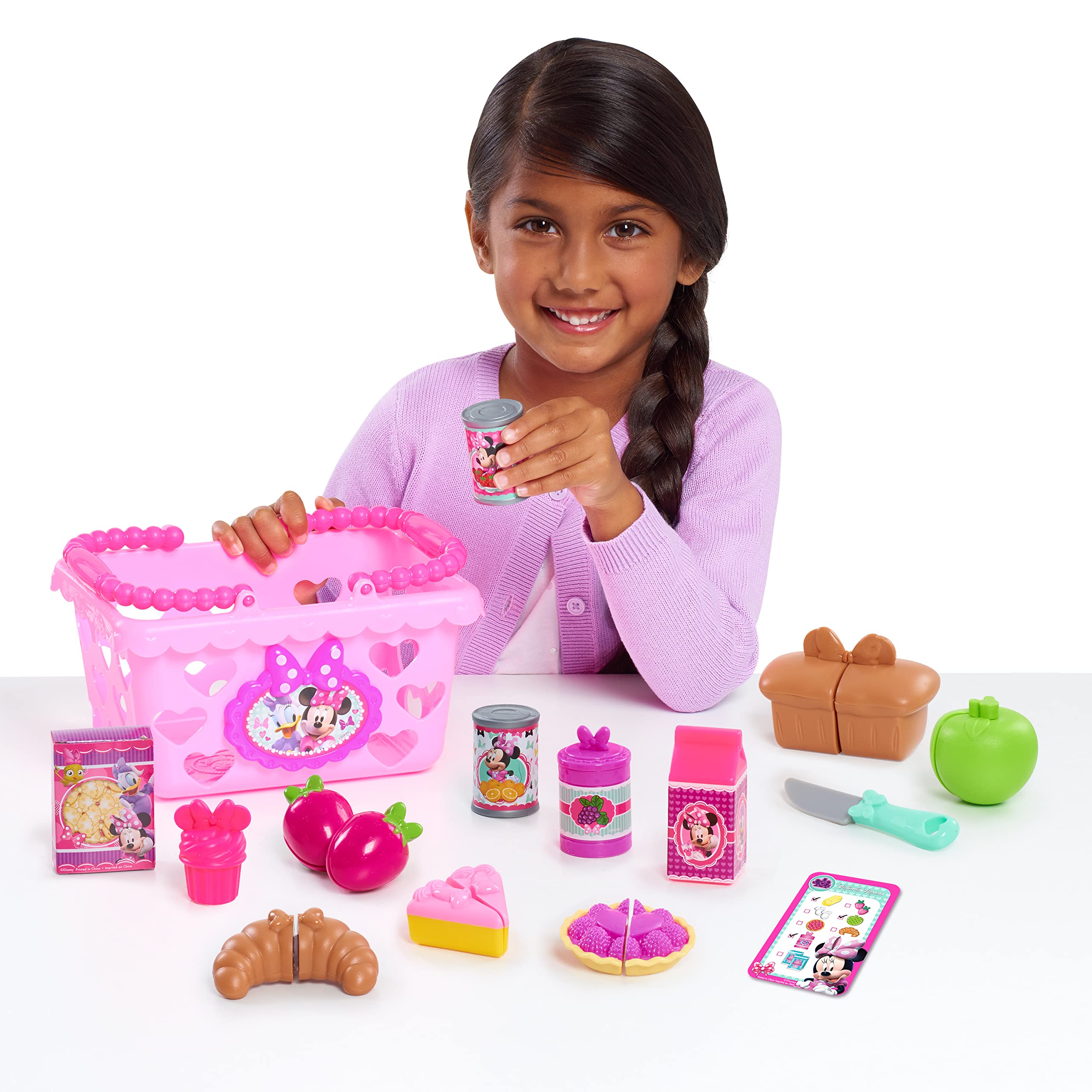 Disney Junior Minnie Bow-Tique Bowtastic Shopping Basket Set with Pretend Food and Accessories, Pretend Play, Kids Toys for Ages 3 Up by Just Play