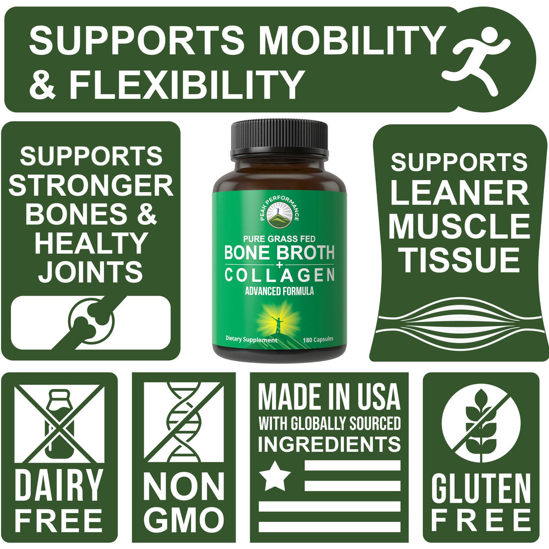 Bone Broth Collagen Capsules. 180 Pills of Grass Fed Bone Broth Collagen Protein Peptides. Contains All 3 Types 1, 2, and 3. Pure Pasture Raised Paleo Friendly Tablets for Women and Men