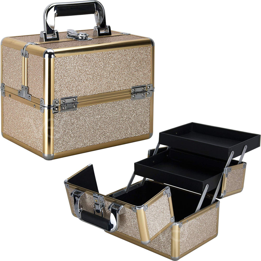 Ver Beauty Ver Beauty 2-tiers Extendable Trays Cosmetic Makeup Train Case Organizer Travel - Vk0112, Champagne Gold Glitter