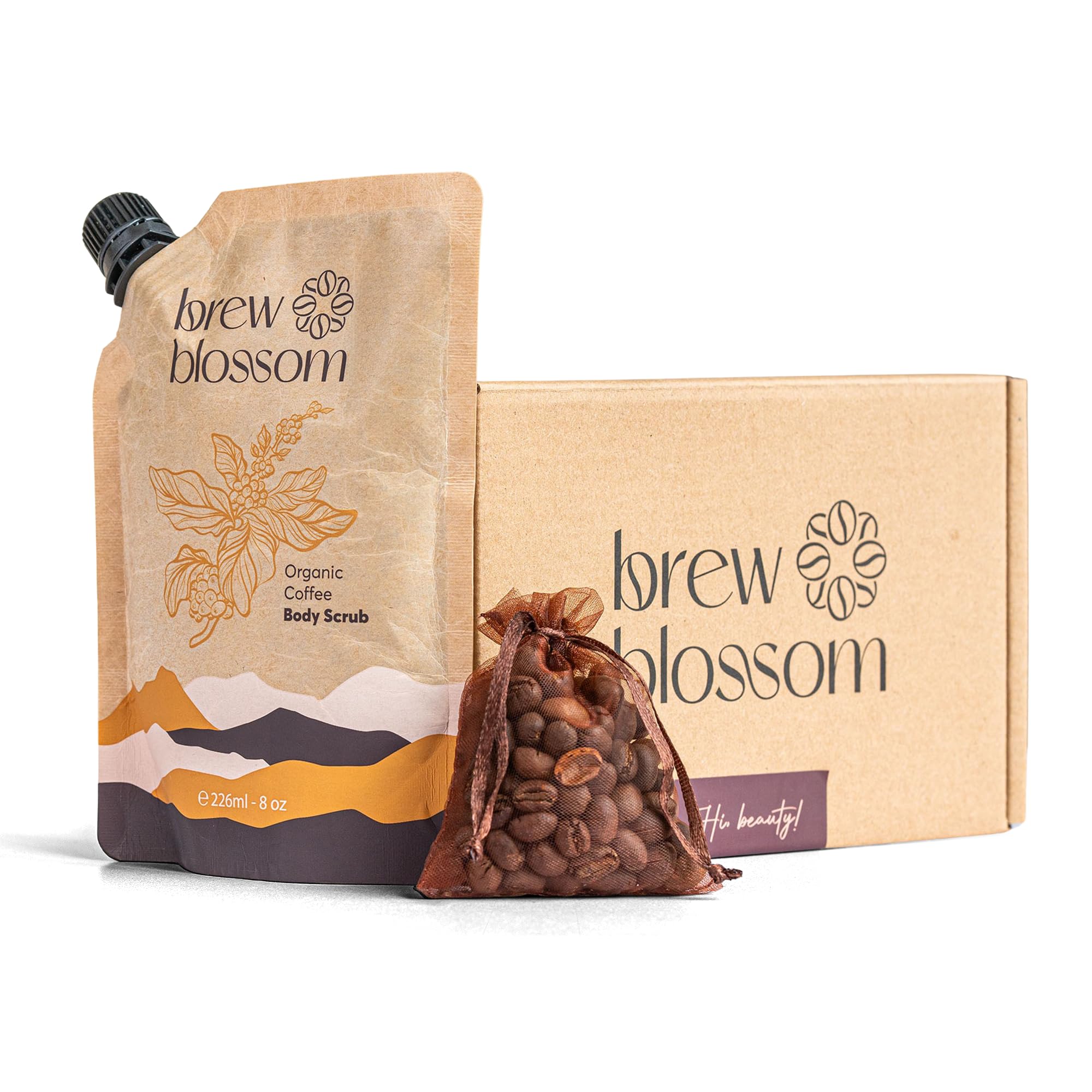 Brewblossom Organic Robusta Coffee Body Scrub 8 oz with Coconut Oil & Shea Butter - Moisturizing and Exfoliating Body, Face, Hand, Foot Scrub - Cellulite, Fight Stretch Mark, Fine Line, Wrinkle