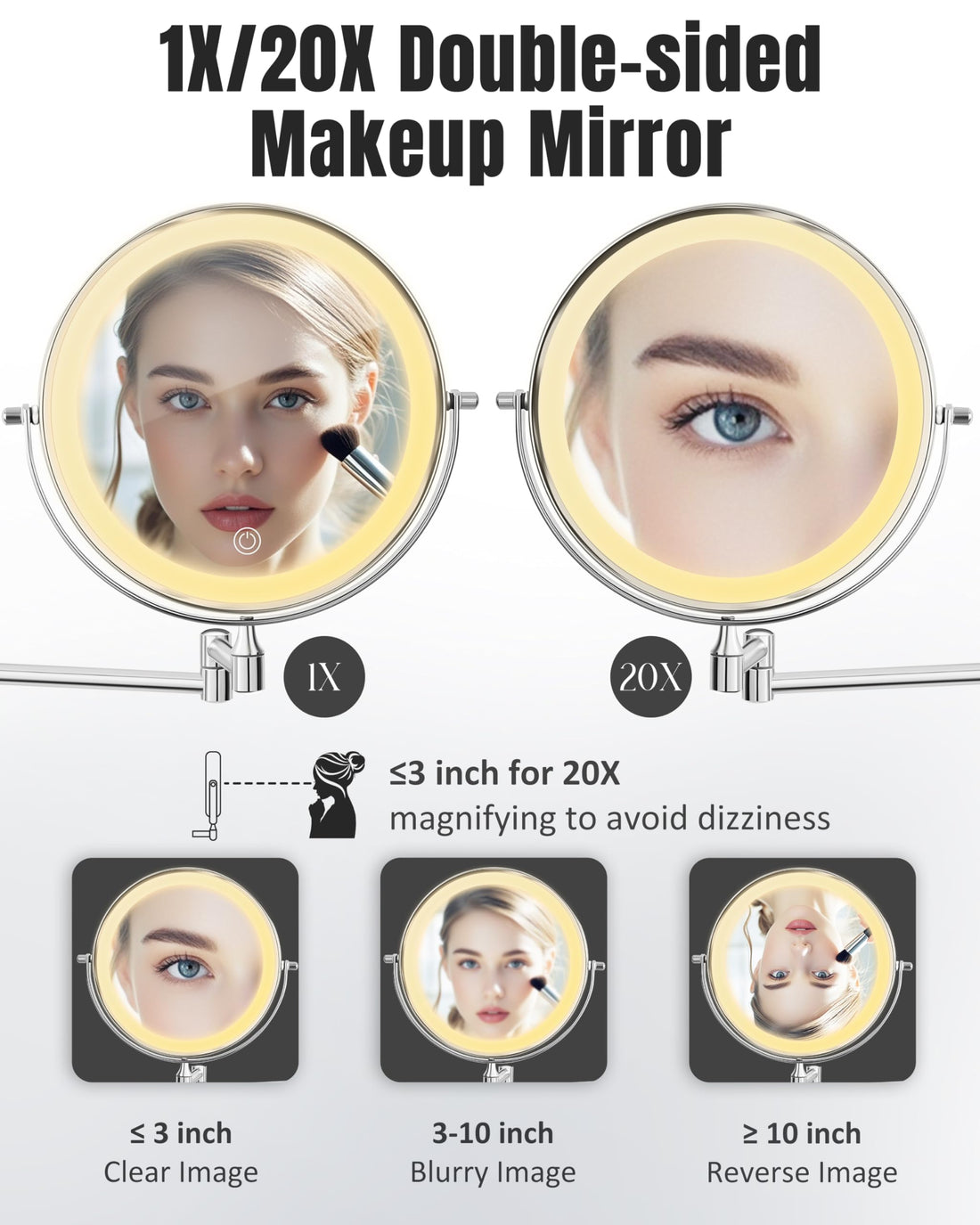 Wall Mounted Makeup Mirror with Light, 20X/1X 8'' Double Sided LED Magnifying Bathroom Lighted Vanity Mirror with Magnification, 3 Color Light up Touch Dimmable Extended Arm 360 Rotation