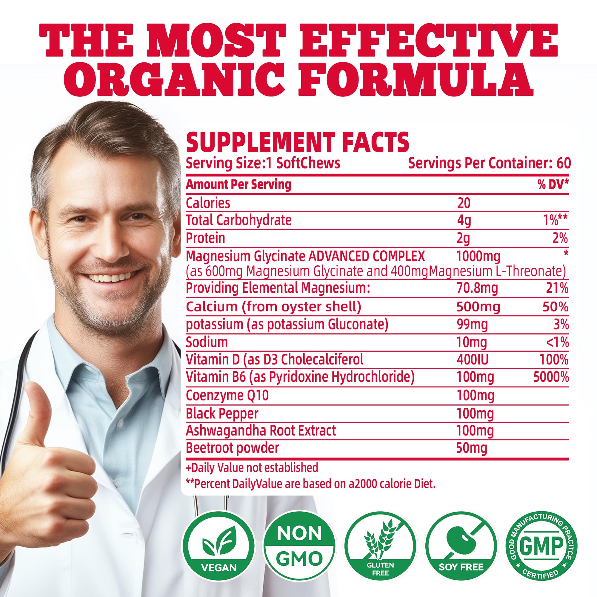 Magnesium Glycinate Soft Chews, Strawberry Flavor.Chewable Sugar Free Potassium Magnesium Chews with Magnesium Glycinate, Vitamin D, B6, and CoQ10 for Calm Support & Sleep for Adults, 60 Days Supply