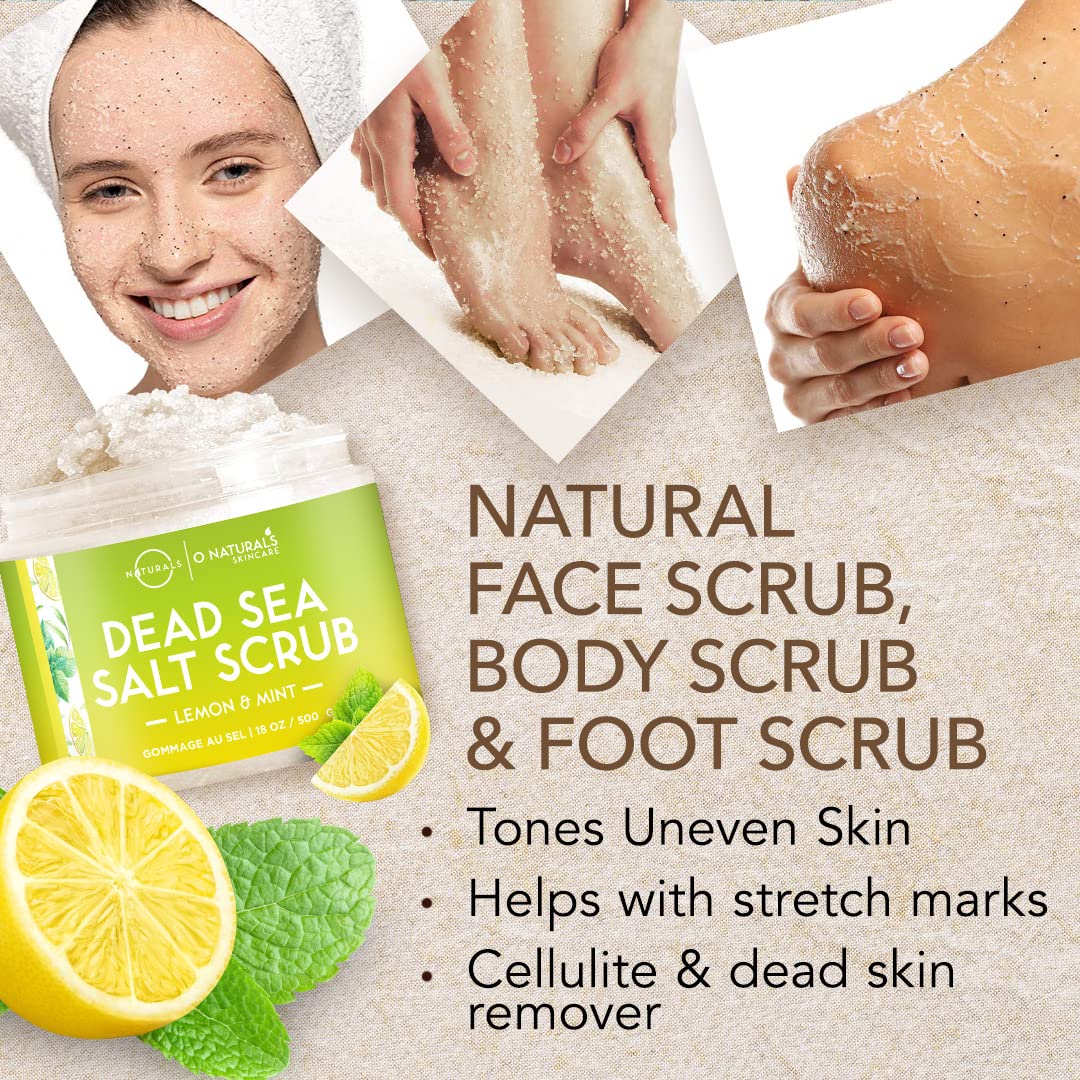 O Naturals Exfoliating Lemon Oil Dead Sea Salt Deep-Cleansing Face & Body Scrub. Anti-Cellulite Tones Helps Oily Skin, Acne, Ingrown Hairs & Dead Skin Remover. Essential Oils, Sweet Almond 18oz