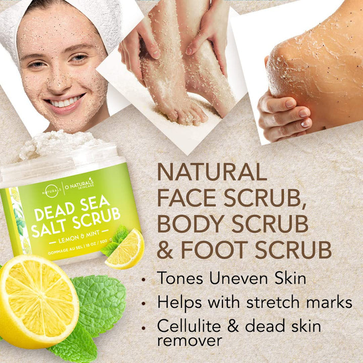O Naturals Exfoliating Lemon Oil Dead Sea Salt Deep-Cleansing Face & Body Scrub. Anti-Cellulite Tones Helps Oily Skin, Acne, Ingrown Hairs & Dead Skin Remover. Essential Oils, Sweet Almond 18oz