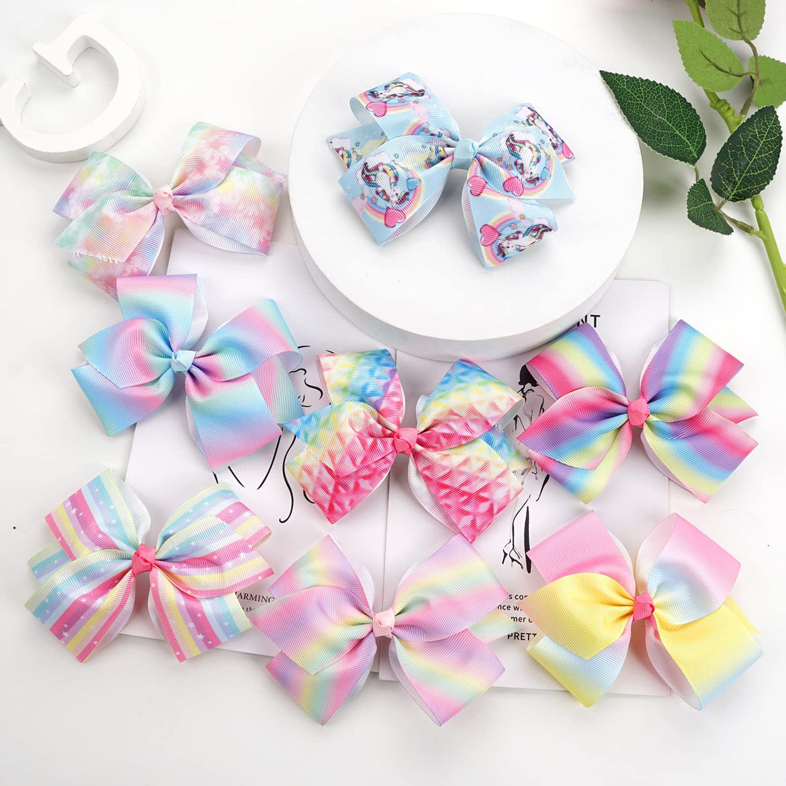 24PCS 4.5Inch Bows for Girls Boutique Grosgrain Ribbon Rainbow Hair Bow Alligator Hair Clips Pigtail Bows Unicorn Hair Clips for Baby Girls Toddler Kids Children Teens in Pairs…