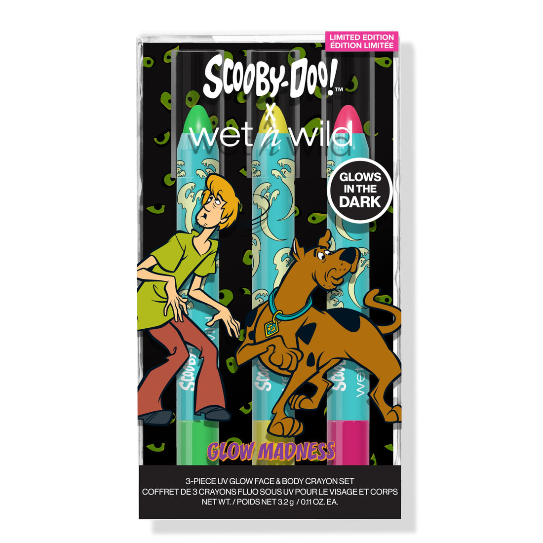 wet n wild Scooby Doo UV Glow Crayon Set, 3-Piece Face & Body Makeup Kit, Neon Colors that Glow Under UV Light, Infused with Vitamin E, Cruelty-Free & Vegan - Glow Madness