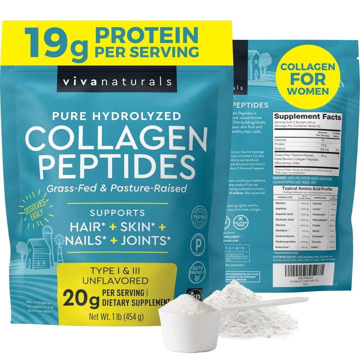 Viva Naturals Collagen Peptides Powder, Hydrolyzed Collagen for Women Type I and III – Bovine Grass Fed Collagen Supplements for Joint Health, Hair, Skin and Nails – 1 lb Collagen Powder Unflavored