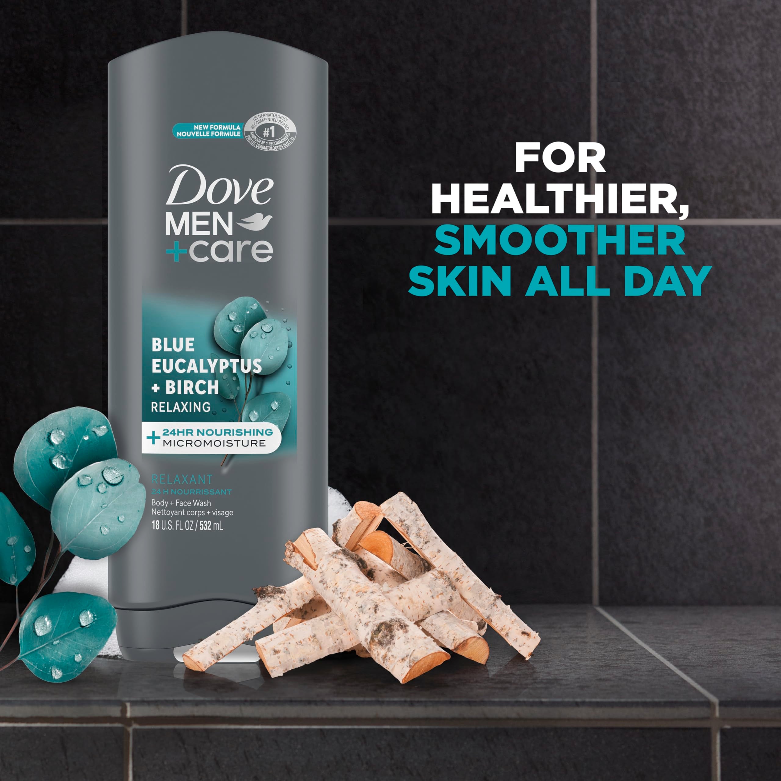 Dove Men+Care Mens Body Wash Dry Skin Body Wash with Micromoisture, Blue Eucalyptus and Birch Effectively Washes Away Bacteria While Nourishing Your Skin 18 oz 4 Count