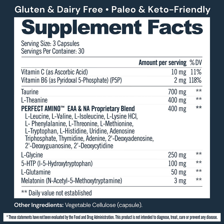 BodyHealth Sleep, Sleep Aid and Supplement for Adults with 3 mg Melatonin, Non-Habit Forming Pills Enhanced with PerfectAmino - 90 Capsules
