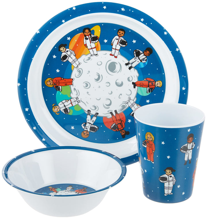 Colorfull Plates 3 Piece Kids Dinnerware Set, Space Themed, BPA-Free Melamine, Multicolor, Toddler Feeding Set