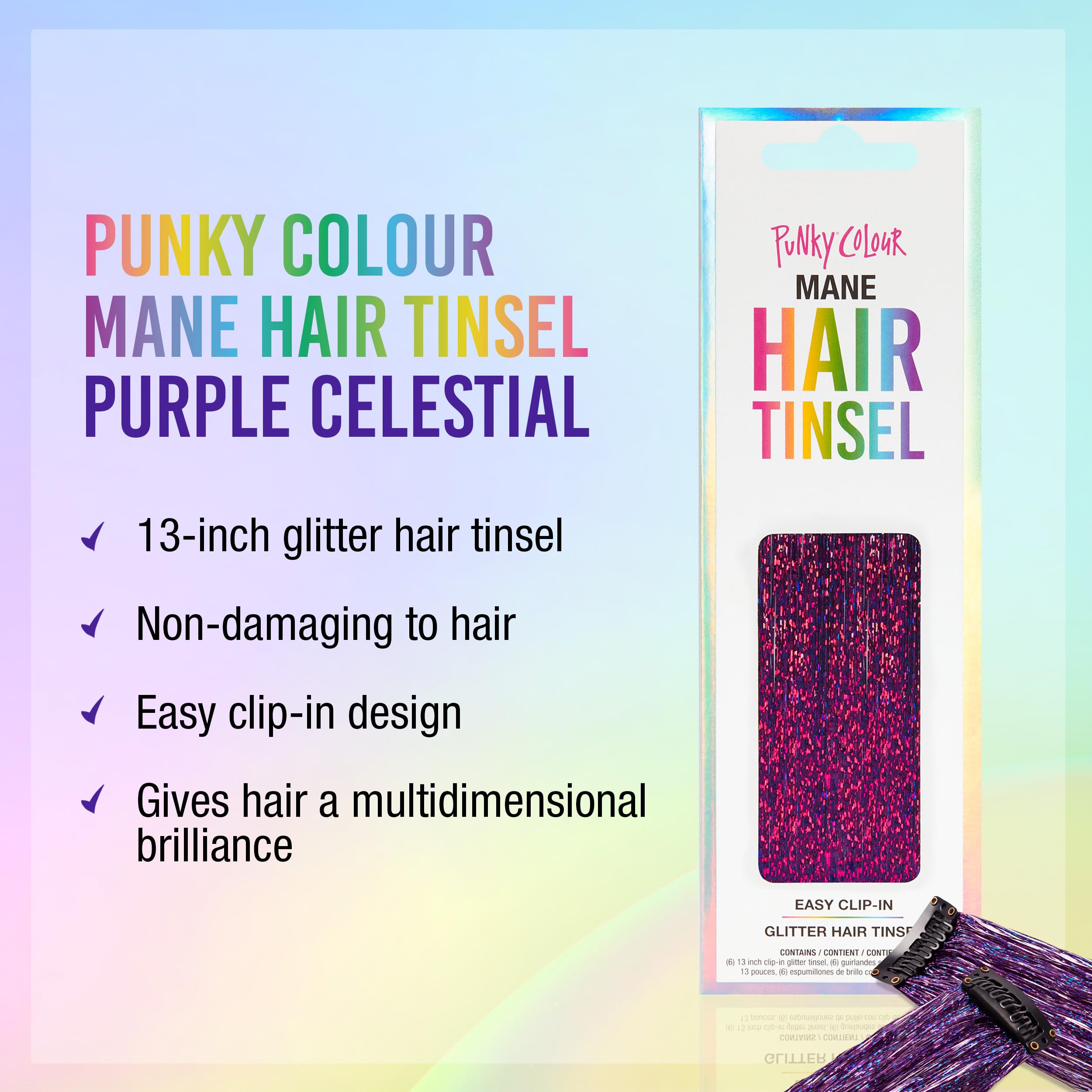Punky Mane Hair Tinsel - Celestial Purple, 13-inch Glitter Fairy Tinsel Hair Extensions, Easy Clip-In Strands for Parties & Special Occasions, Heat Resistant, 6 Pieces, 1-pack