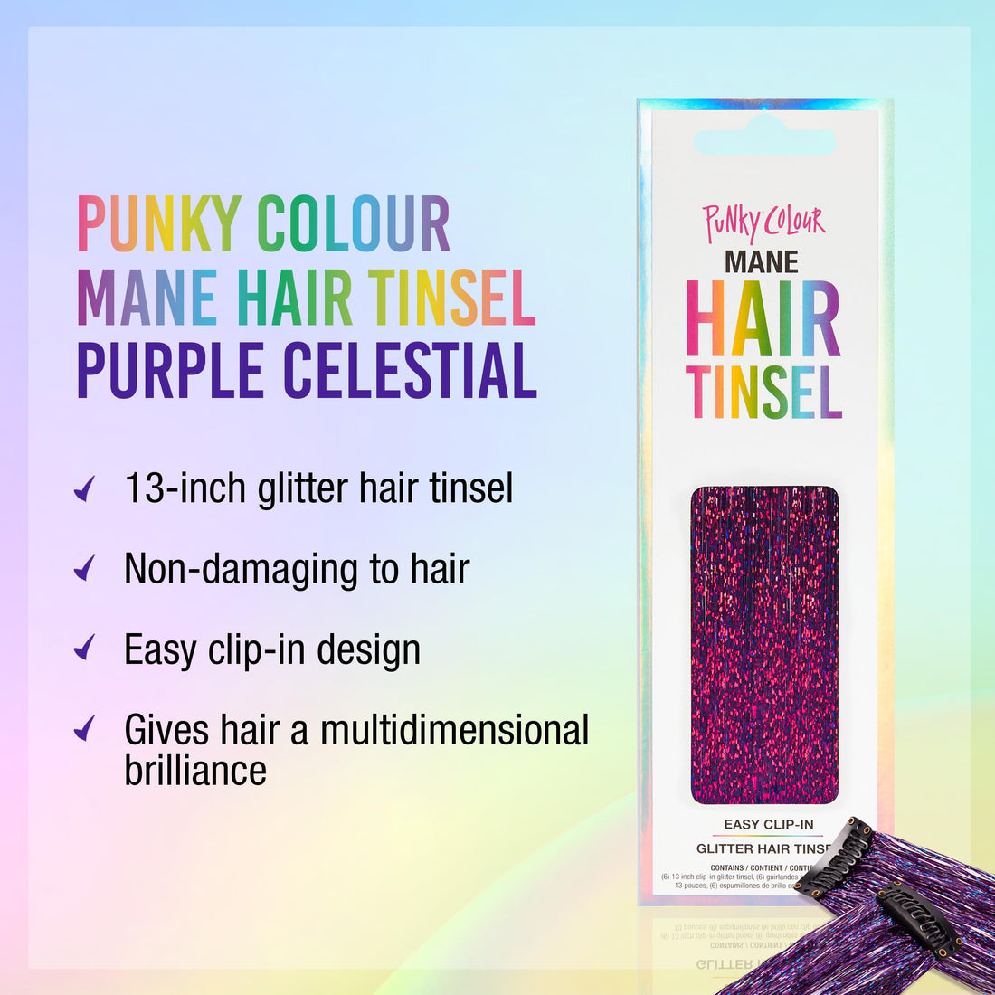 Punky Mane Hair Tinsel - Celestial Purple, 13-inch Glitter Fairy Tinsel Hair Extensions, Easy Clip-In Strands for Parties & Special Occasions, Heat Resistant, 6 Pieces, 1-pack