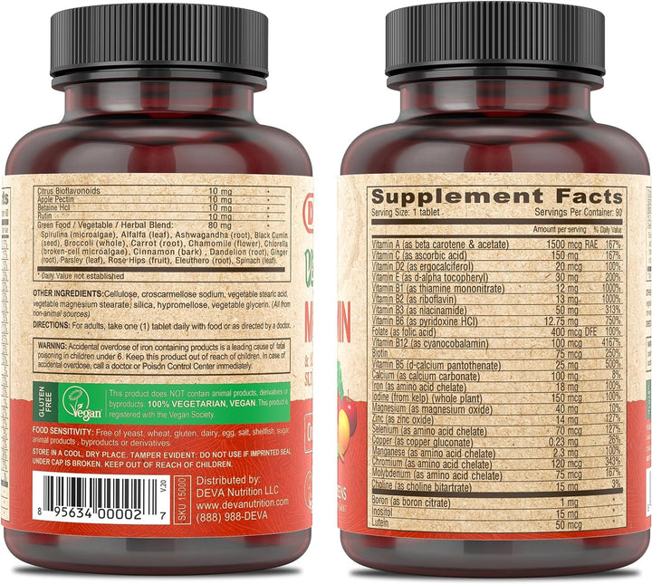 DEVA Vegan Multivitamin & Mineral Supplement - Vegan Formula with Green Whole Foods, Veggies, and Herbs - High Potency - Manufactured in USA and 100% Vegan - 90 Count (Pack of 2)