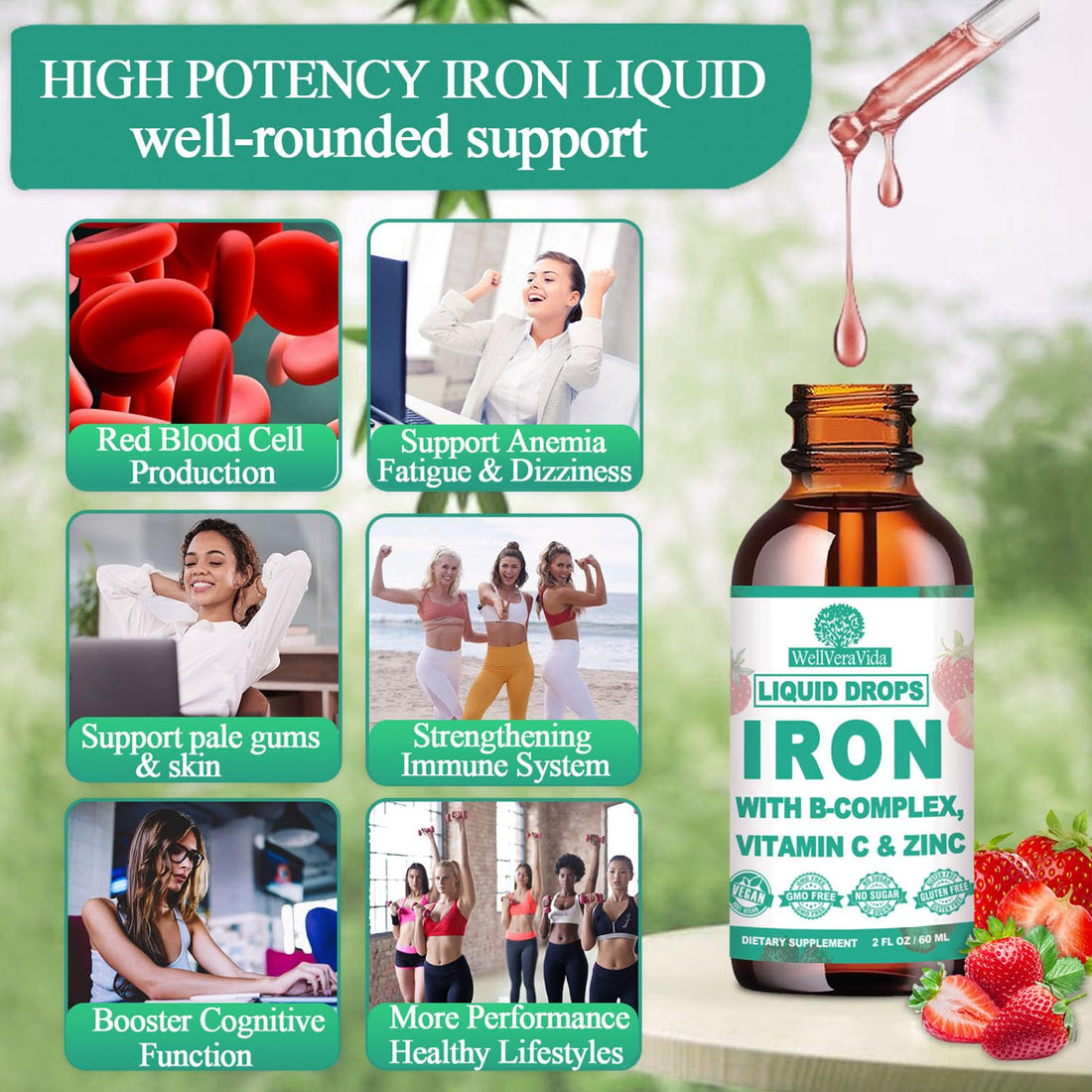 Liquid Iron Supplement w/Vitamin C, B-Complex, High Potency Iron Liquid w. Multivitamin, Vegan Iron Drops for Women, Kids, Chelate Liquid Iron Supplement for Anemia, Fatigue, Red Blood Cell Support
