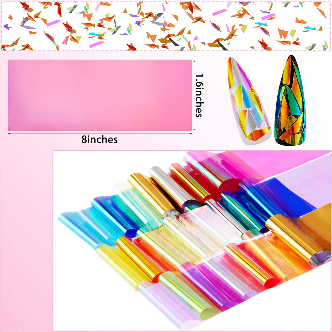 40 Pieces Glass Paper Nail Design Sticker Shinning Reflective Mirror Design Broken Glass Nail Design Stickers Iridescent Glass Paper Nail Decal, 20 Colors