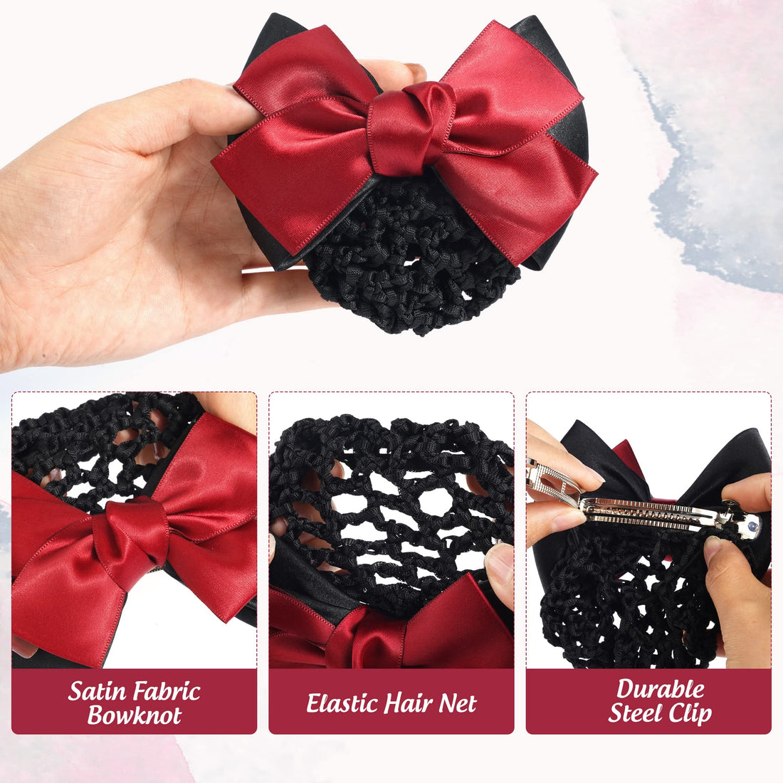 TXIN 3 Pieces Hair Snood Net Bun Cover Knit Hairnet Bow Bowknot Decor Barrette Hair Clip for Women Mesh Work Hairnets, Black & Navy Blue & Red