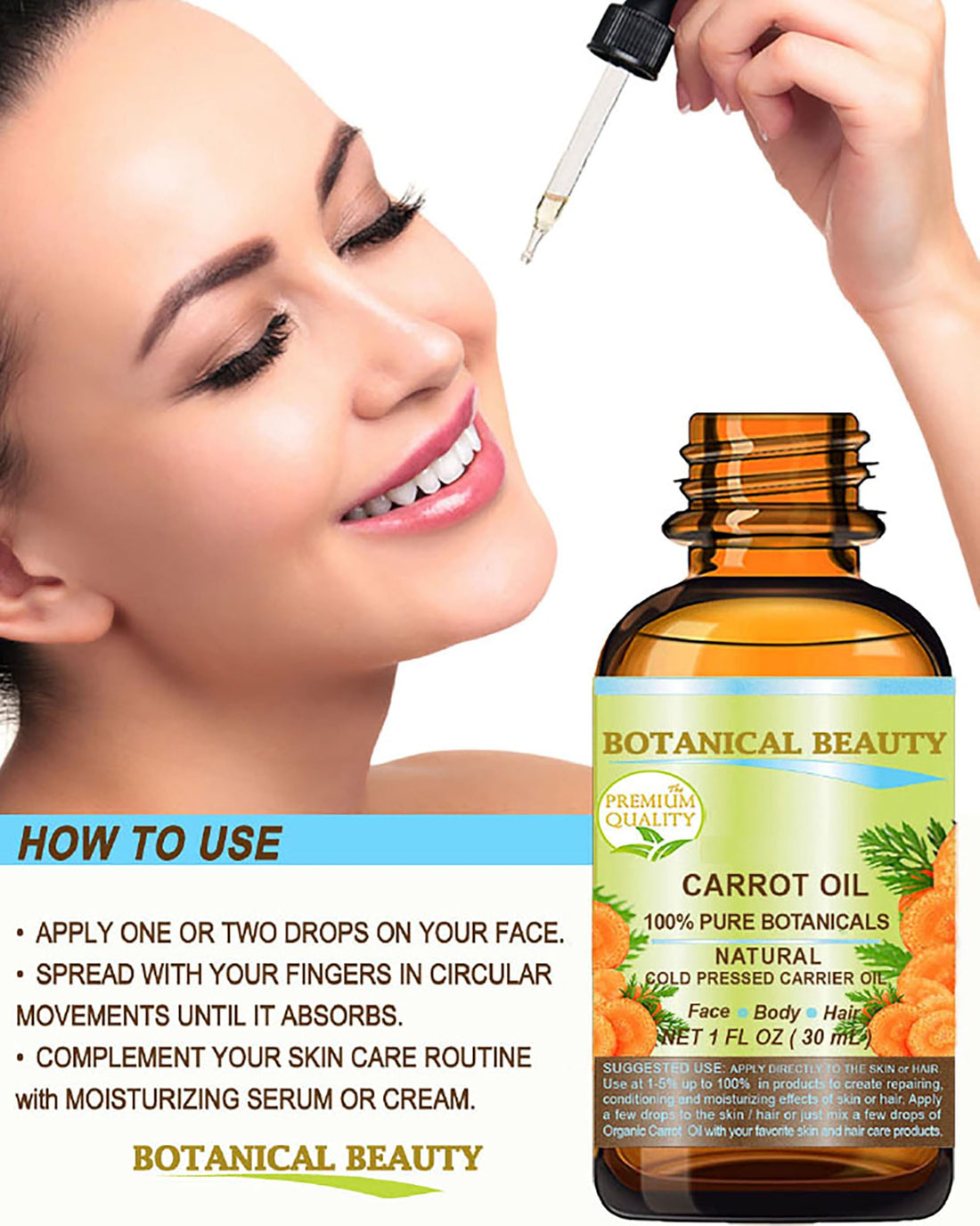 Botanical Beauty CARROT OIL 100% Natural Pure Botanicals Cold Pressed Carrier Oil 0.5 Fl. oz. - 15 ml. For Face, Body, Hair and Nail Care