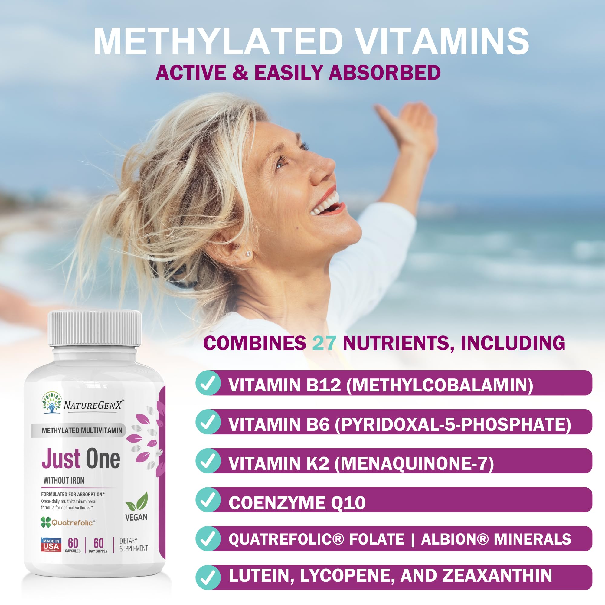 NatureGenX Just One Daily Methylated Multivitamin - 60 Caps Pure Methyl B12, Methylfolate MTHFR Support Supplement Iron Free Methylated Vitamins for Men & Women 2 Months Supply Gluten Free