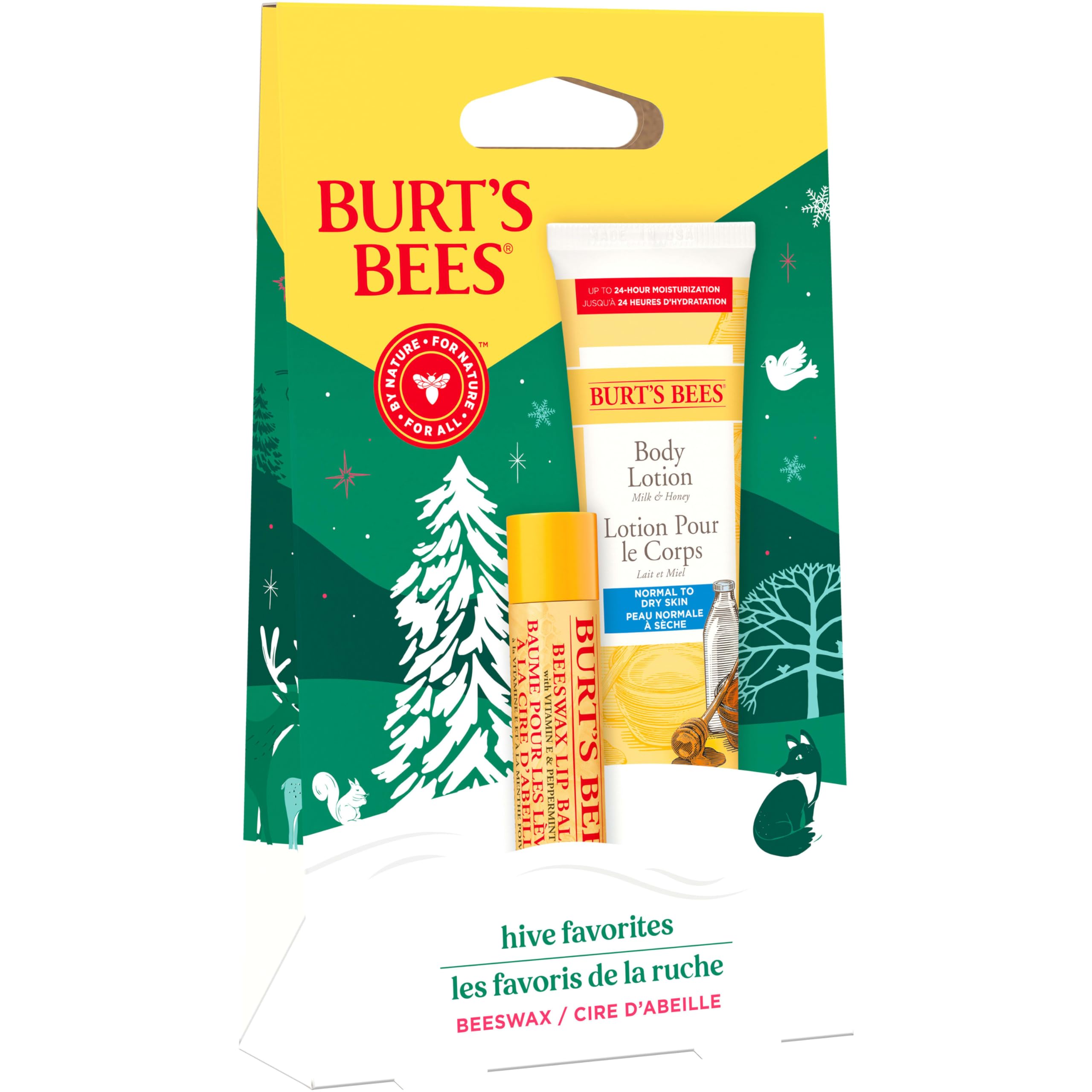 Burt's Bees Hive Favorites Beeswax Holiday Gift Set, Beeswax Lip Balm and Travel Size Body Lotion with Milk and Honey