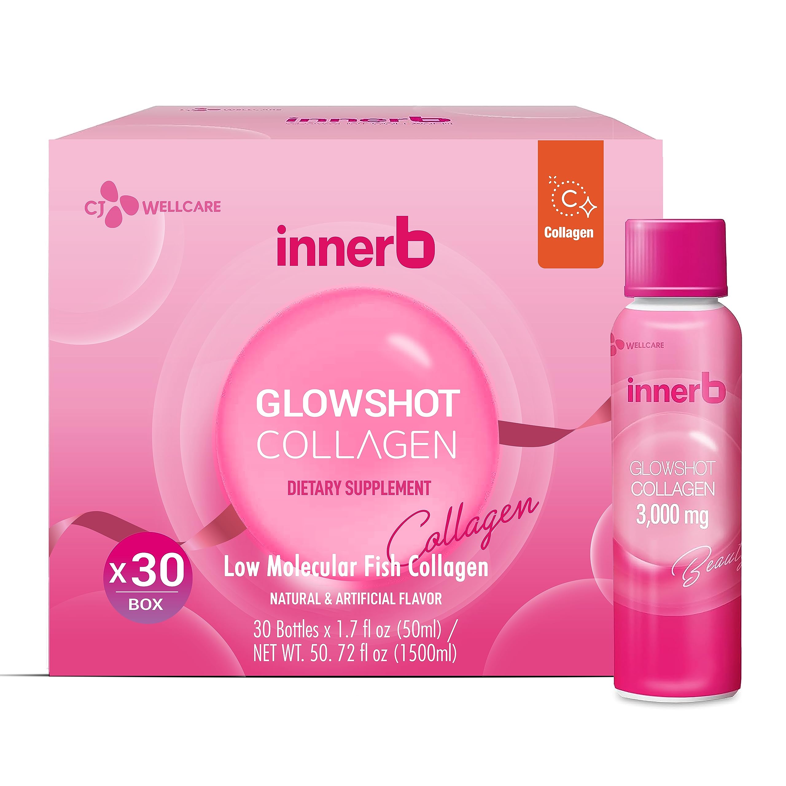 CJWellcare Innerb Glowshot Collagen (50.7 fl oz, 30 Servings) - Collagen Peptides, Low-Molecular Fish Collagen Shots, Hair, Skin & Nail Supplement, Liquid Marine Collagen 3,000mg