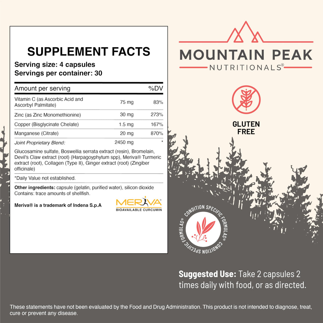 Mountain Peak Nutritionals Joint Formula - Joint Support Supplement with Glucosamine, Boswellia & Vitamin C - Supports Joint Flexibility & Mobility - Hypoallergenic Dietary Supplement (120 Capsules)