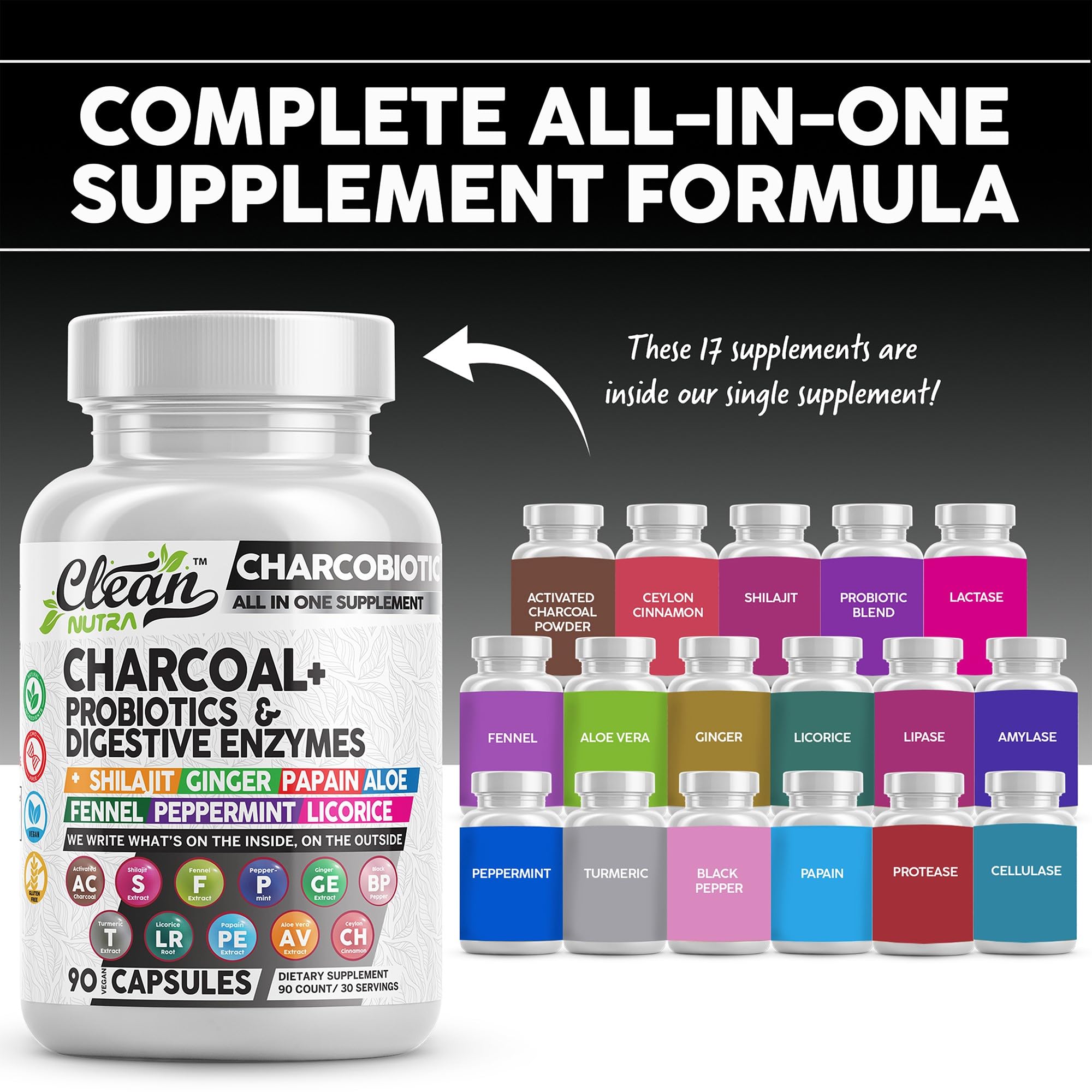 Clean Nutra Activated Charcoal Capsules Shilajit 5000mg Pills Probiotic 200 Billion + Digestive Enzymes for Digestive Health with Peppermint Fennel Licorice Papain Ginger Turmeric | Gut Health