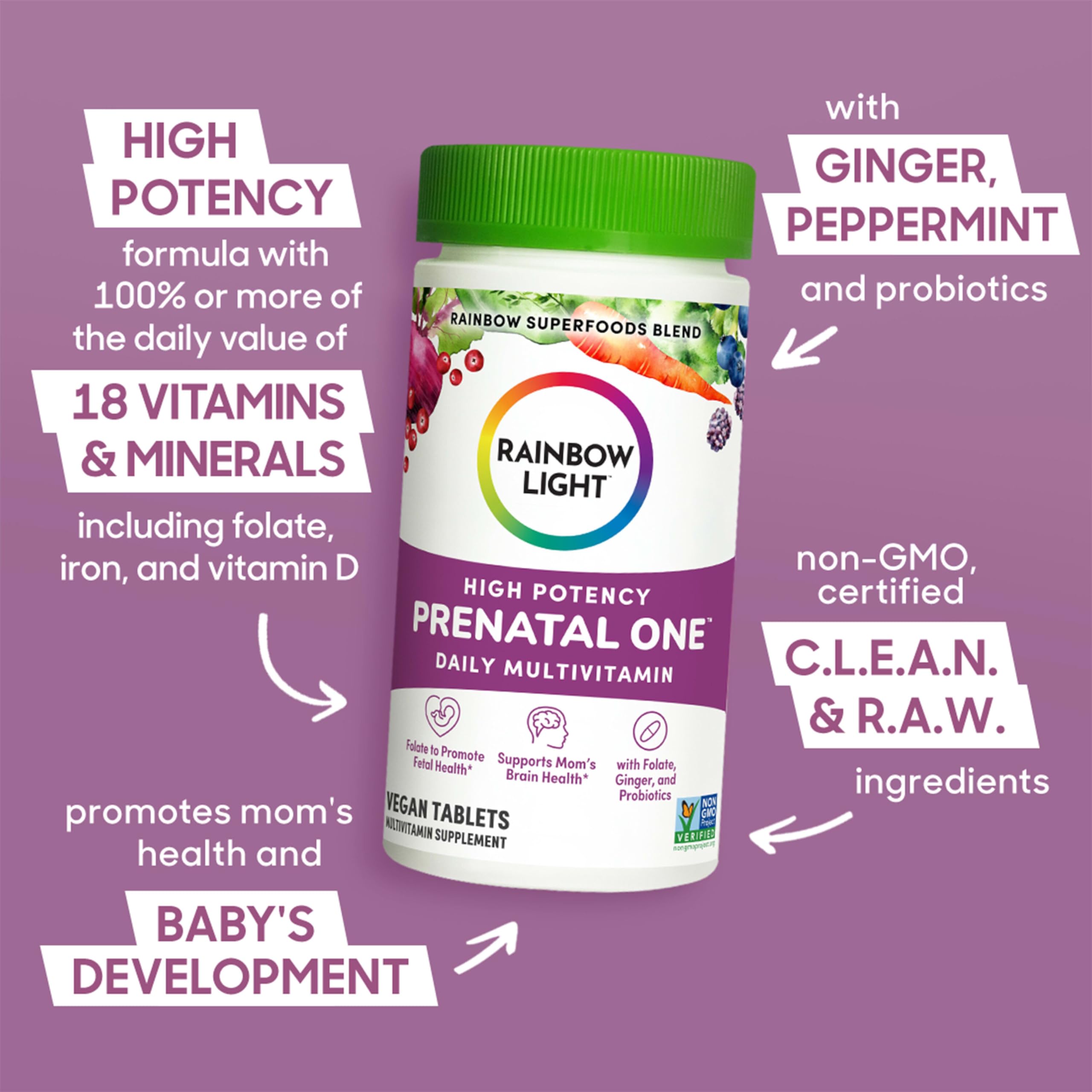 Rainbow Light Prenatal One High Potency Daily Multivitamin with Folate, Ginger and Probiotics; Supports Mom and Baby from Conception to Nursing; Vegan, 150 Tablets,* Pack May Vary