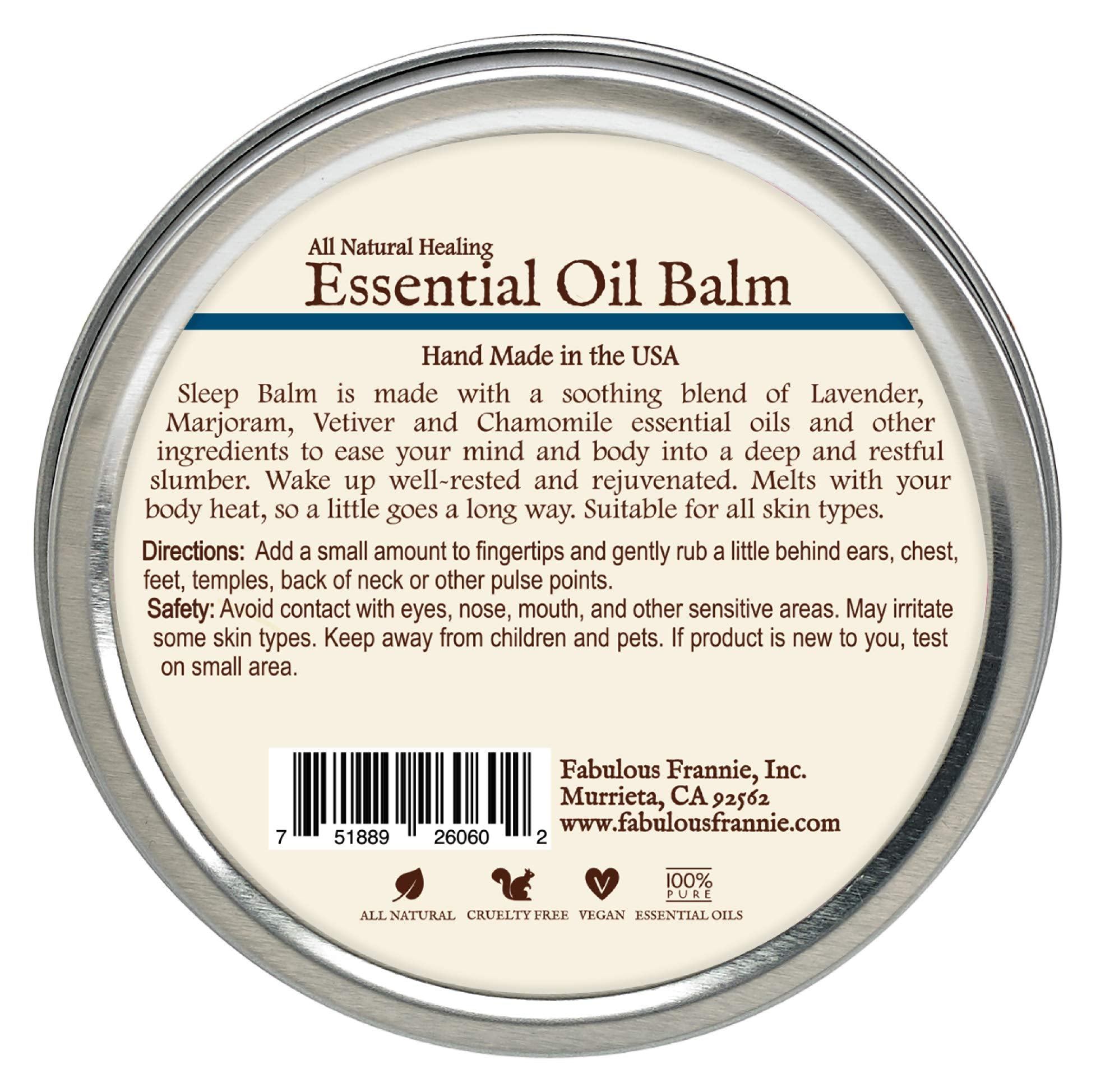 Fabulous Frannie Sleep All Natural Essential Oil Healing Balm Made with Organic Coconut Oil, Shea Butter, Cocoa Butter, Vitamin E and Hemp Oils 3.5oz Tin