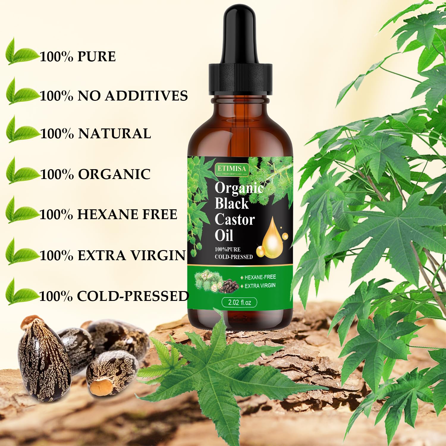 Etimisa Organic Black Castor Oil,100% Pure Natural ,Cold Pressed, Glass Bottles, Hair,Eyebrow Care, Skin Care, Castor Oil for Body & Carrier Oil