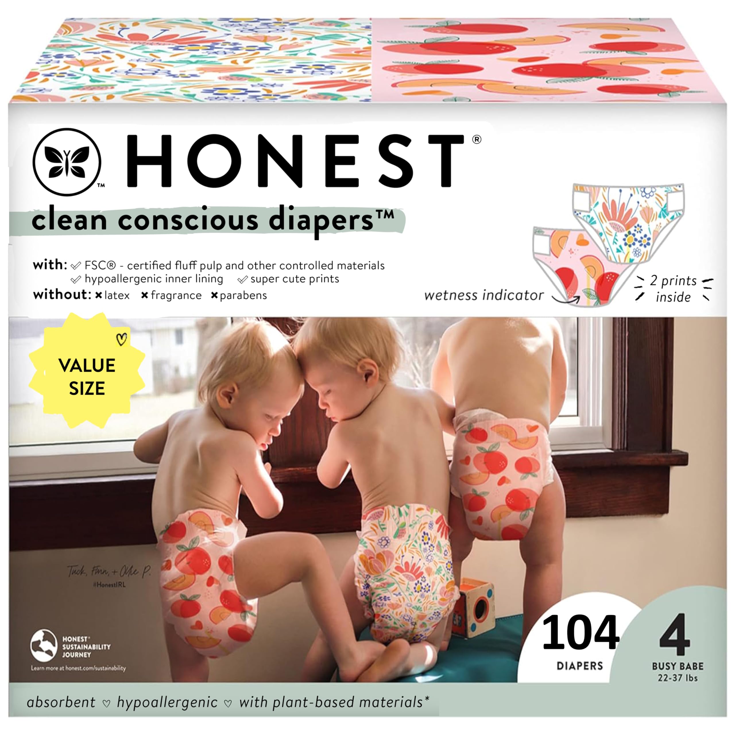 The Honest Company Clean Conscious Diapers for Sensitive Skin | Hypoallergenic, Fragrance Free | Girl Prints | Super Club Box, Size 4 (22-37 lbs), 104 Count (Prints May Temporarily Vary)