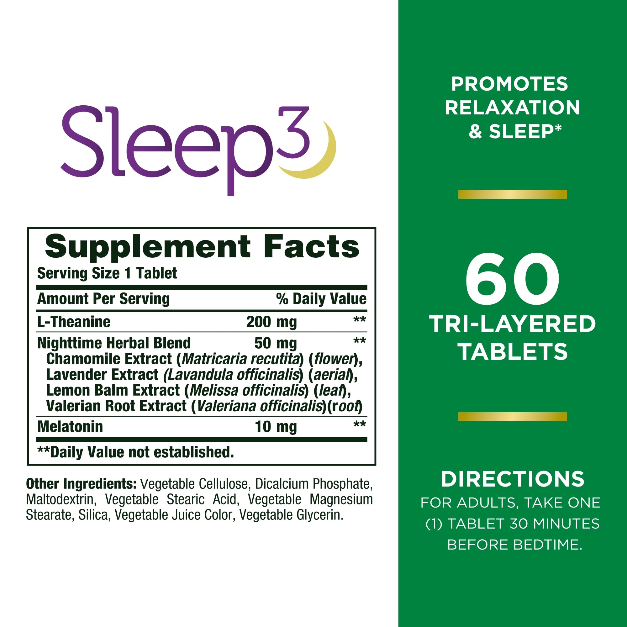 Nature's Bounty Sleep3 Melatonin 10mg, Maximum Strength 100% Drug Free Sleep Aid, Dietary Supplement, L-Theanine & Nighttime Herbal Blend Time Release Technology, 60 Tri-Layered Tablets
