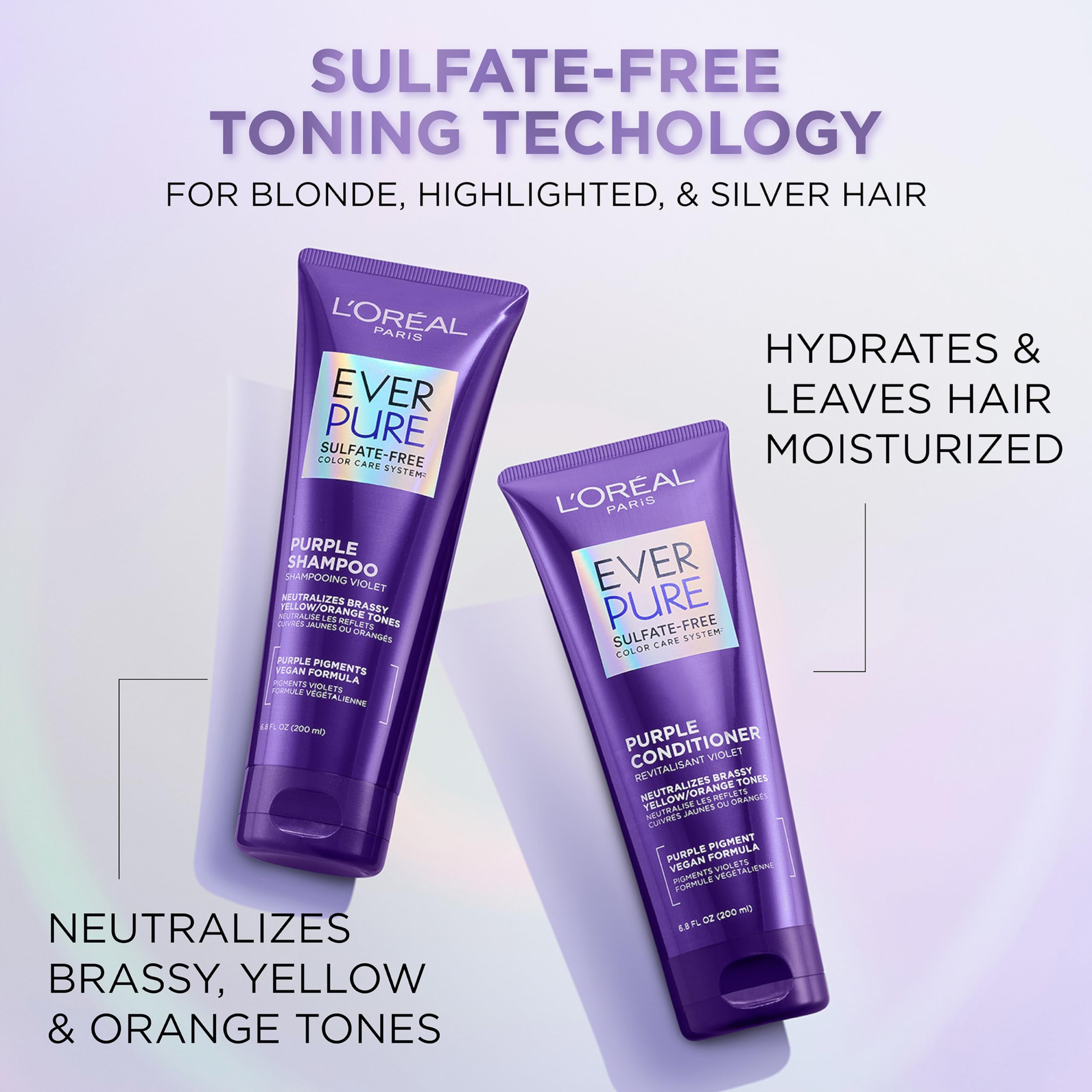 L’Oreal Paris EverPure Sulfate Free Brass Toning Purple Shampoo and Conditioner Set for Blonde, Bleached, Silver, or Brown Highlighted Hair, 1 Kit