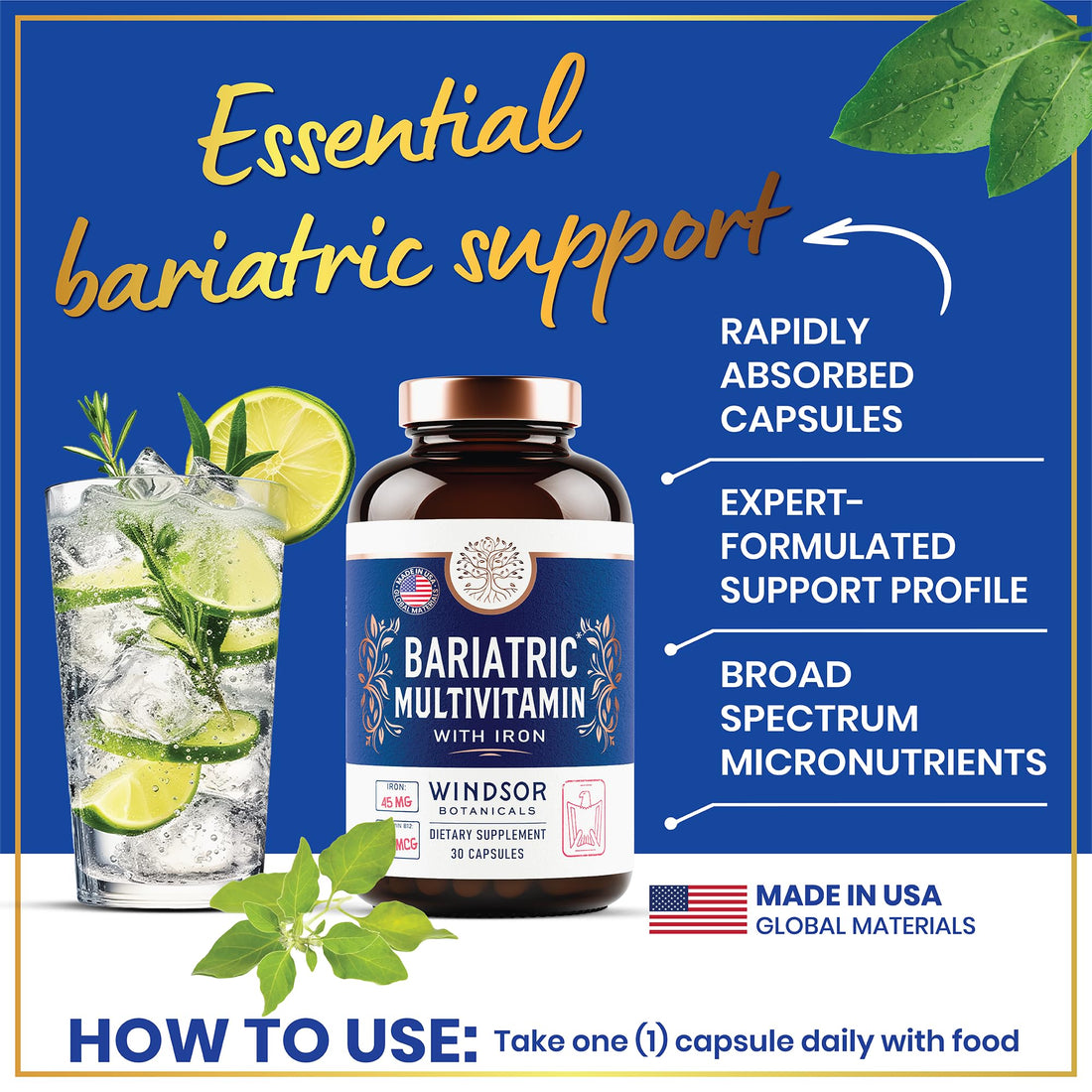 Bariatric Multivitamin with Iron - 45mg Iron Easy to Swallow, One a Day Bariatric Vitamins for Women and Men - Gastric Bypass, Gastric Sleeve Recovery Vitamin Multivitamins - 30 Caps