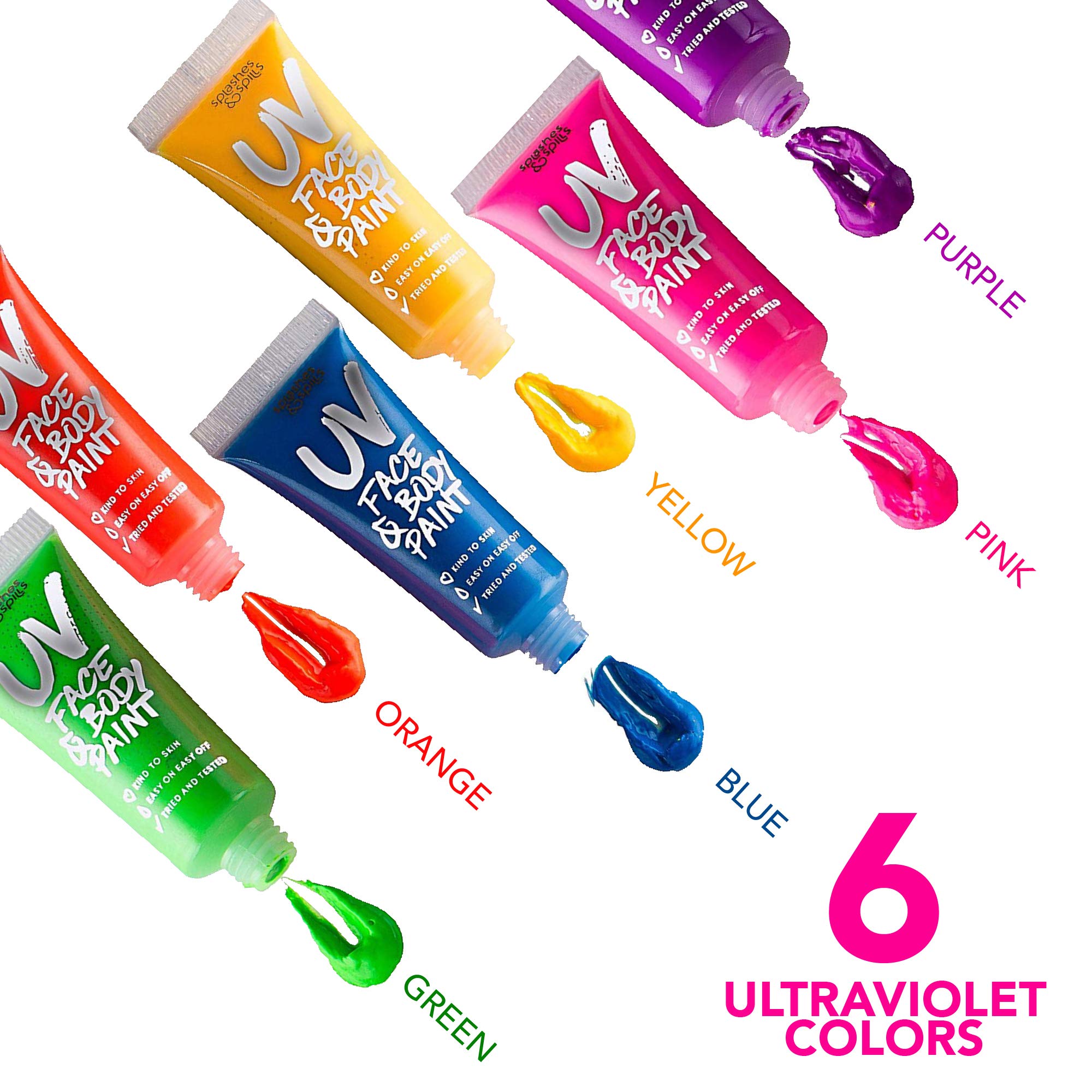 UV Glow Blacklight Face and Body Paint - 6 Color Variety Pack - 10ml - Day or Night Stage, Clubbing or Costume Makeup by Splashes & Spills