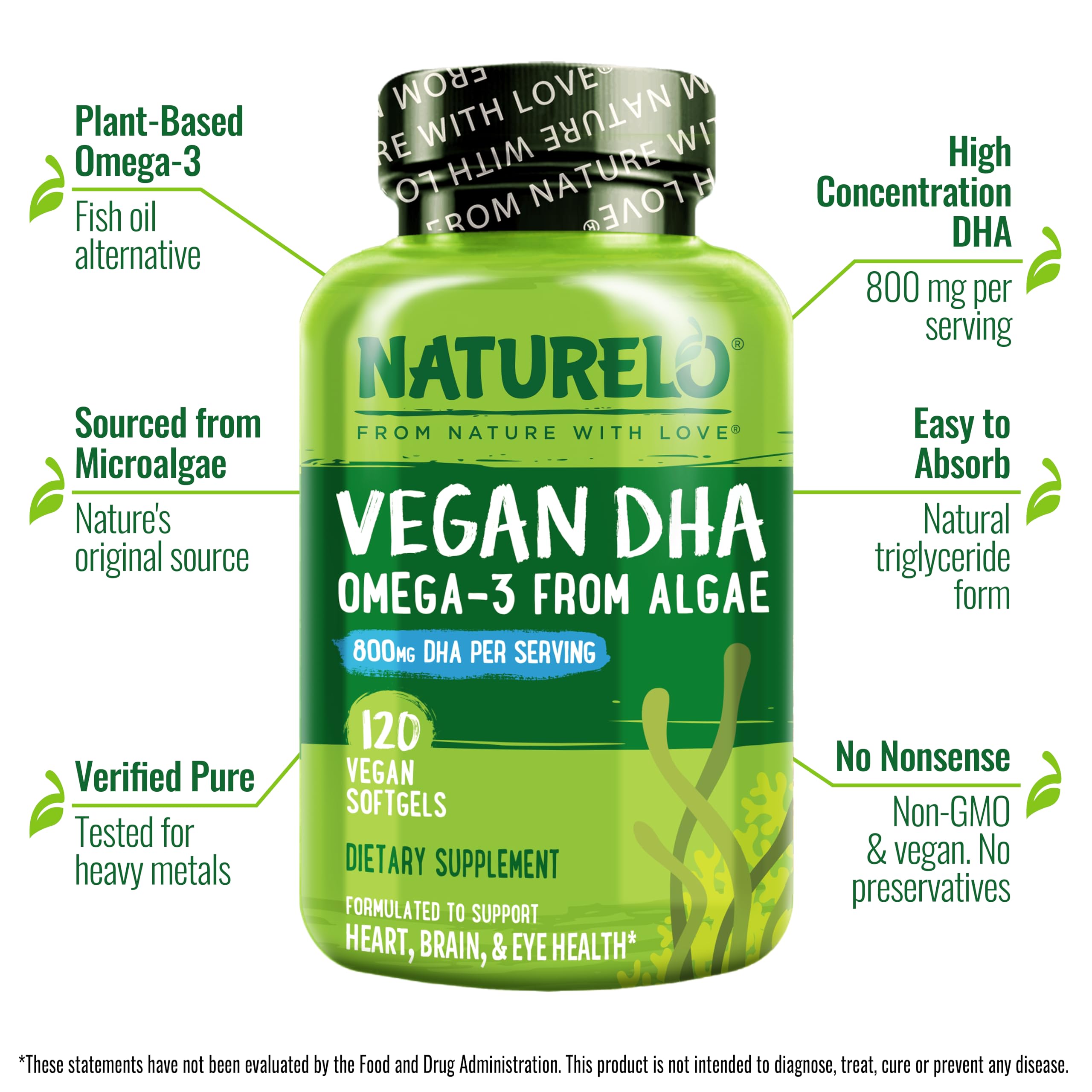 NATURELO Vegan DHA - Omega 3 Oil from Algae - Supplement for Brain, Heart, Joint, Eye Health - Provides Essential Fatty Acids for Women Men and Kids - Complements Prenatal Vitamins - 120 Softgels