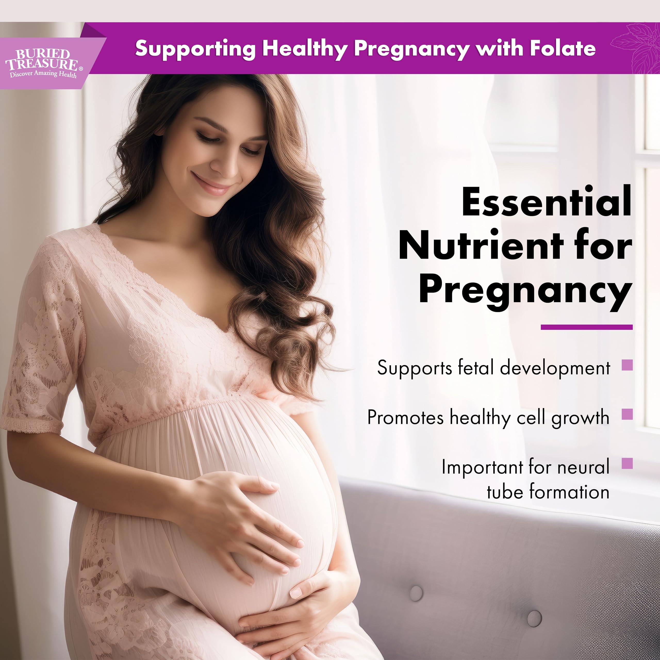 Buried Treasure Folate Drops - Methylated B-9 (Calcium L-5 Methyltetrahydrofolate), Supports Energy Production, Heart Health, and Pregnancy, 5-MTHF Supplement Vegan Safe, 120 Servings