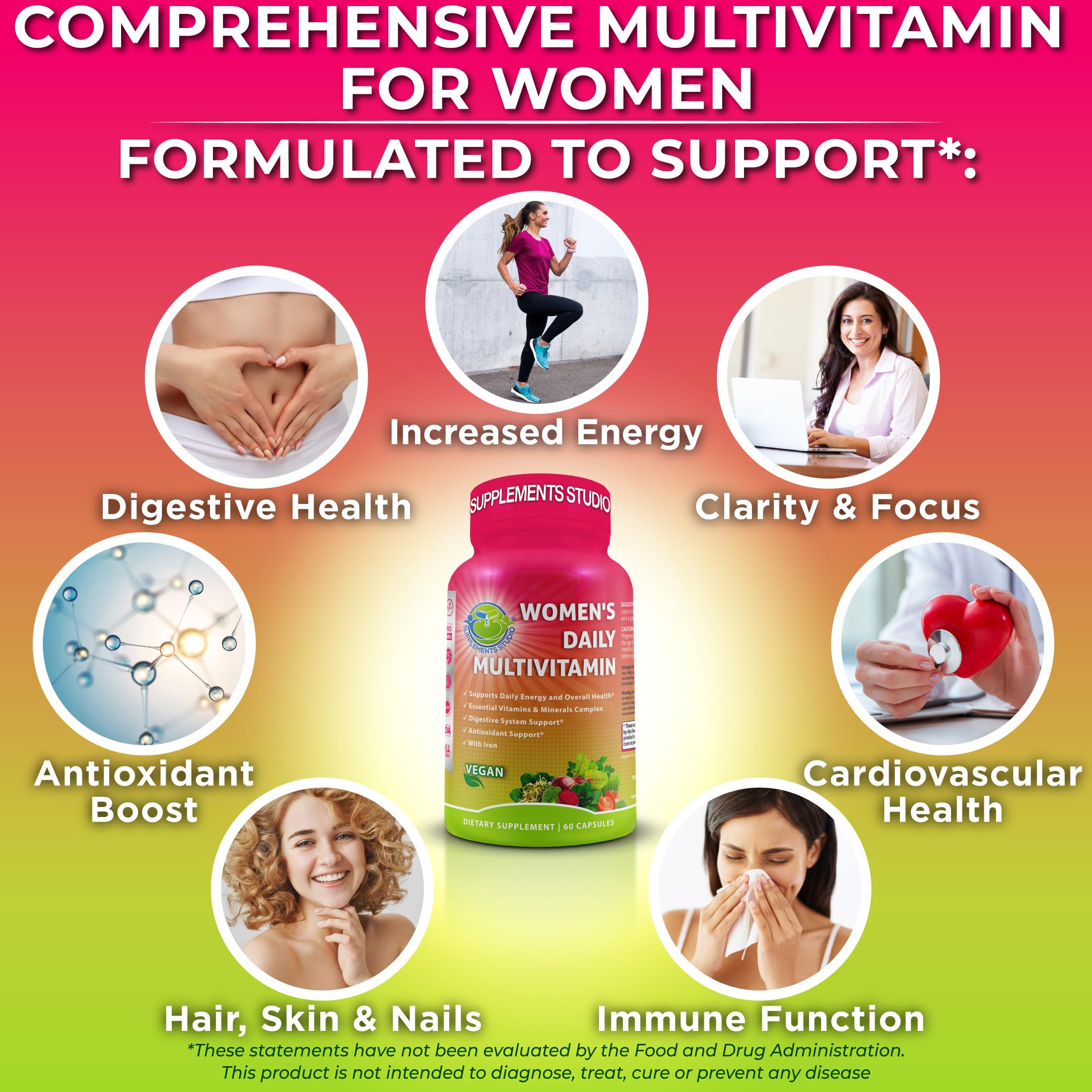 Women's Daily Multivitamin with Iron - Vegan Multivitamin for Women with Biotin, Organic Superfoods, B-Complex, Probiotics, Enzymes - Energy, Immunity, Gut Health Support - Easy to Swallow Capsules