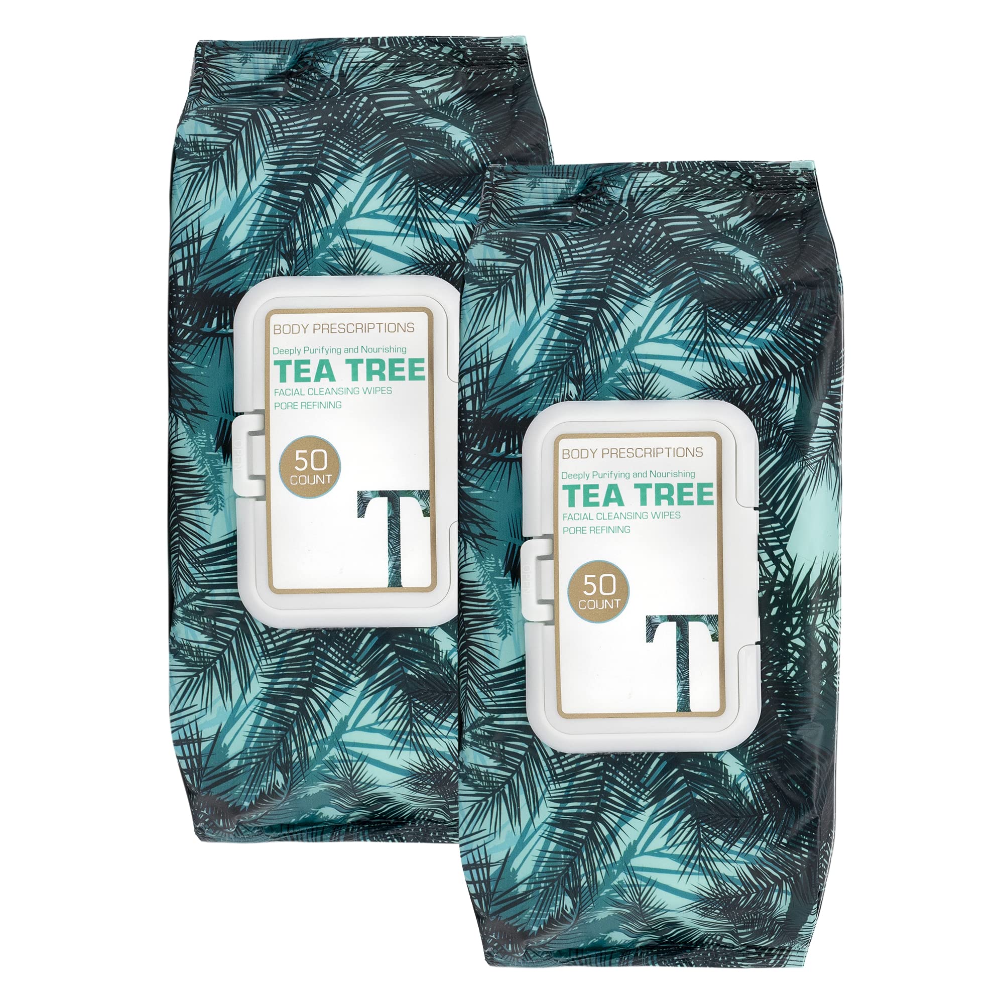 Body Prescriptions - 2 Pack (60 Count Each) Tea Tree Facial Cleansing, Pore Refining Wipes