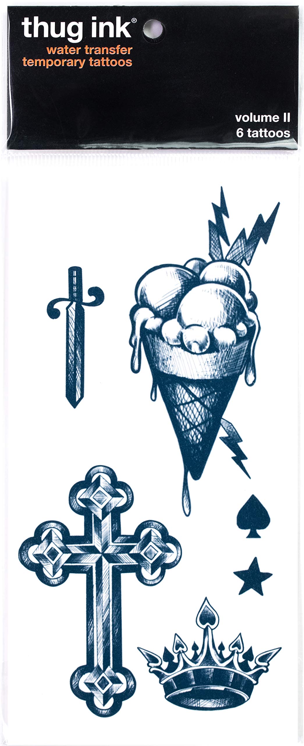 Thug Ink Temporary Tattoos - Volume II - 6 Temporary Tattoos ~ Face Tattoos ~ Ice Cream Cone, Dagger, Crown, Cross, etc ~ Thug Life ~ Fake Tattoos ~ Water-Transfer Tattoos