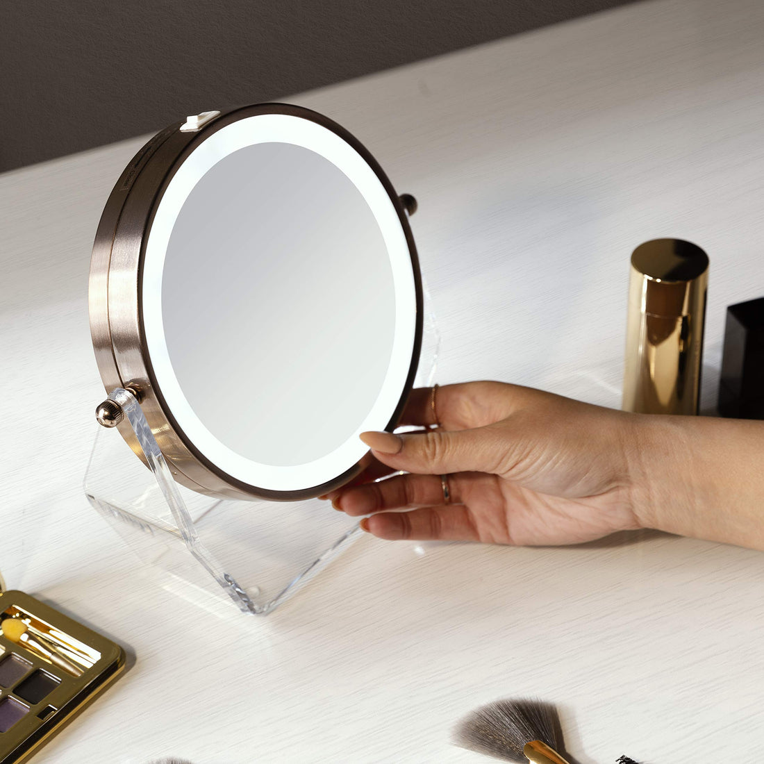 Zadro Products Next generation two-sided led lighted vanity swivel mirror in acrylic base with 1x and 8x magnification, Rose Gold